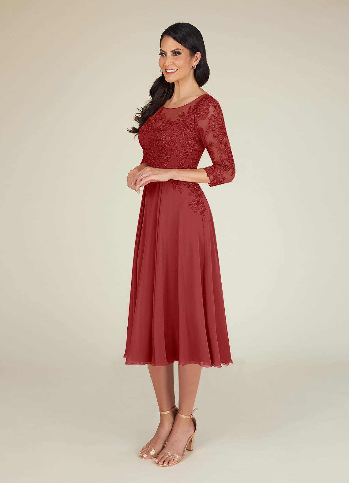 Rust Azazie Marge A-Line Scoop Lace Chiffon Tea-Length Dress | Azazie