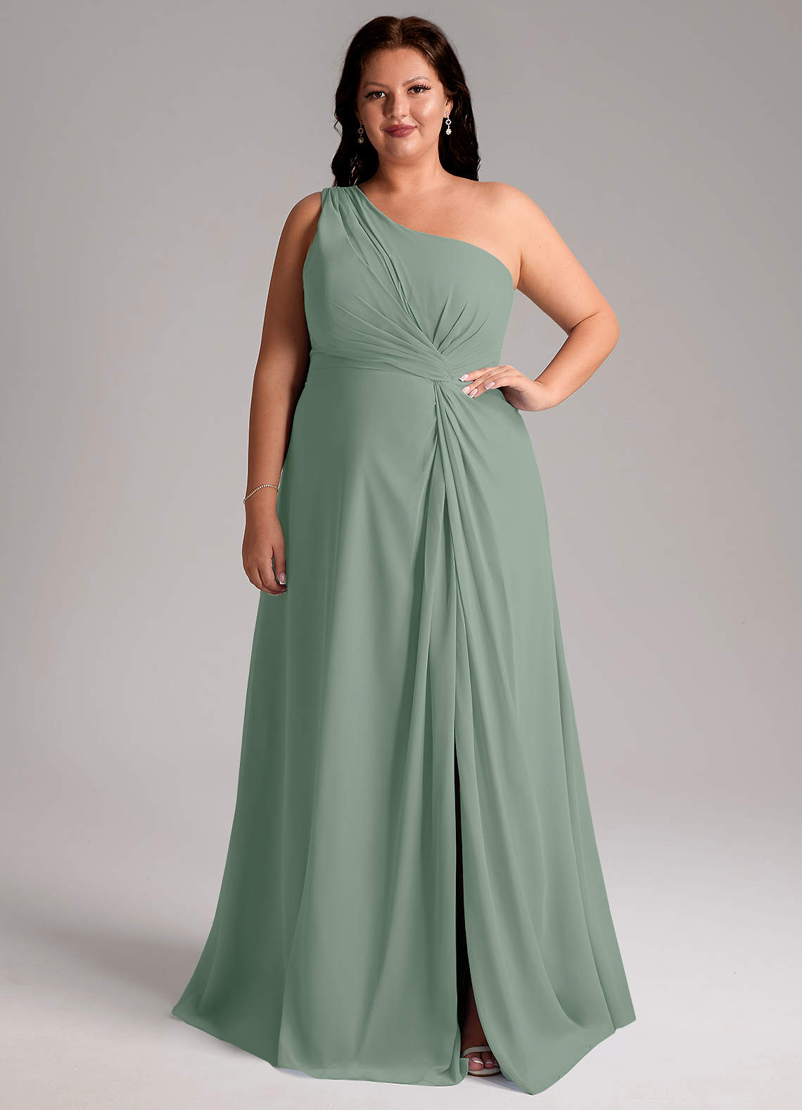 Azazie Brooke Bridesmaid Dresses Silver Sage A-Line One Shoulder Chiffon Dress image1