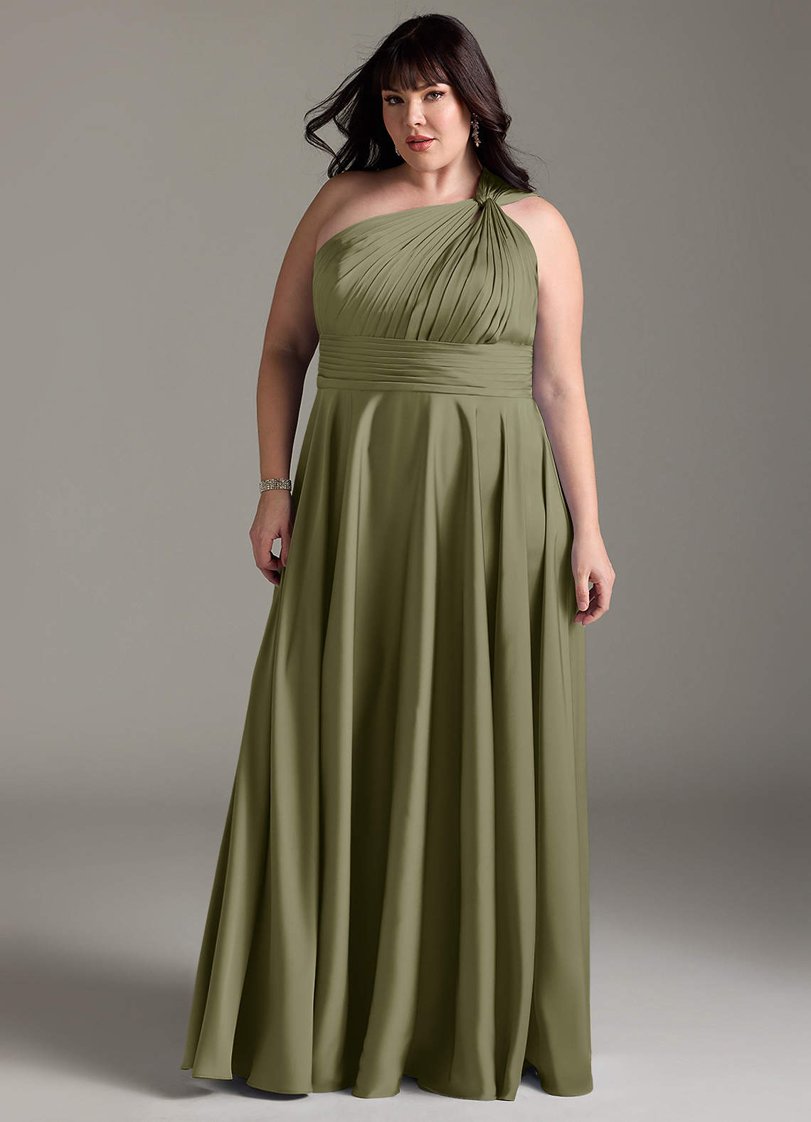 Azazie Charlize Bridesmaid Dresses Pistachio A-Line One Shoulder Stretch Satin Dress image12