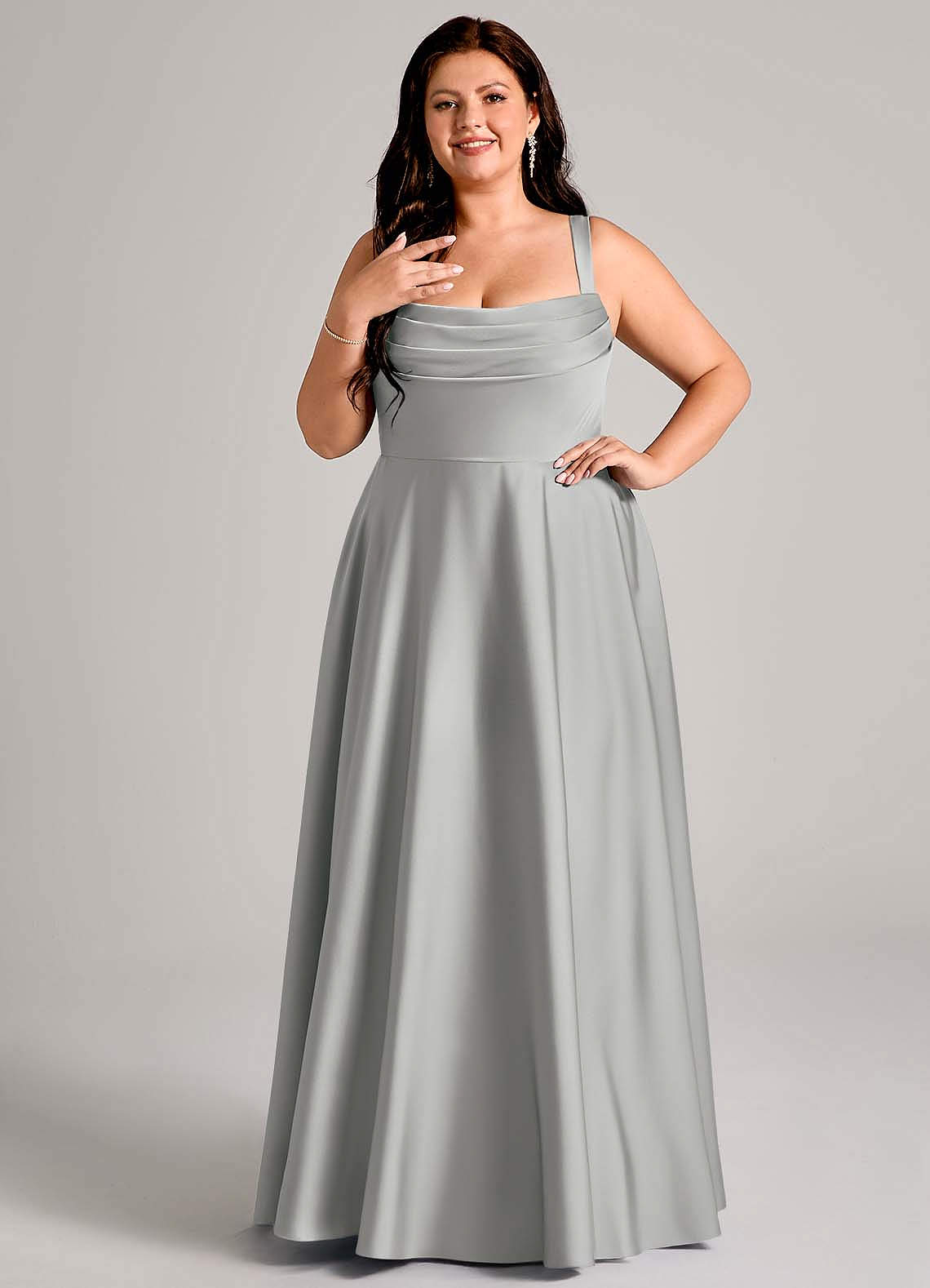 Azazie Shaude Bridesmaid Dresses Silver A-Line Pleated Stretch Satin Dress image1