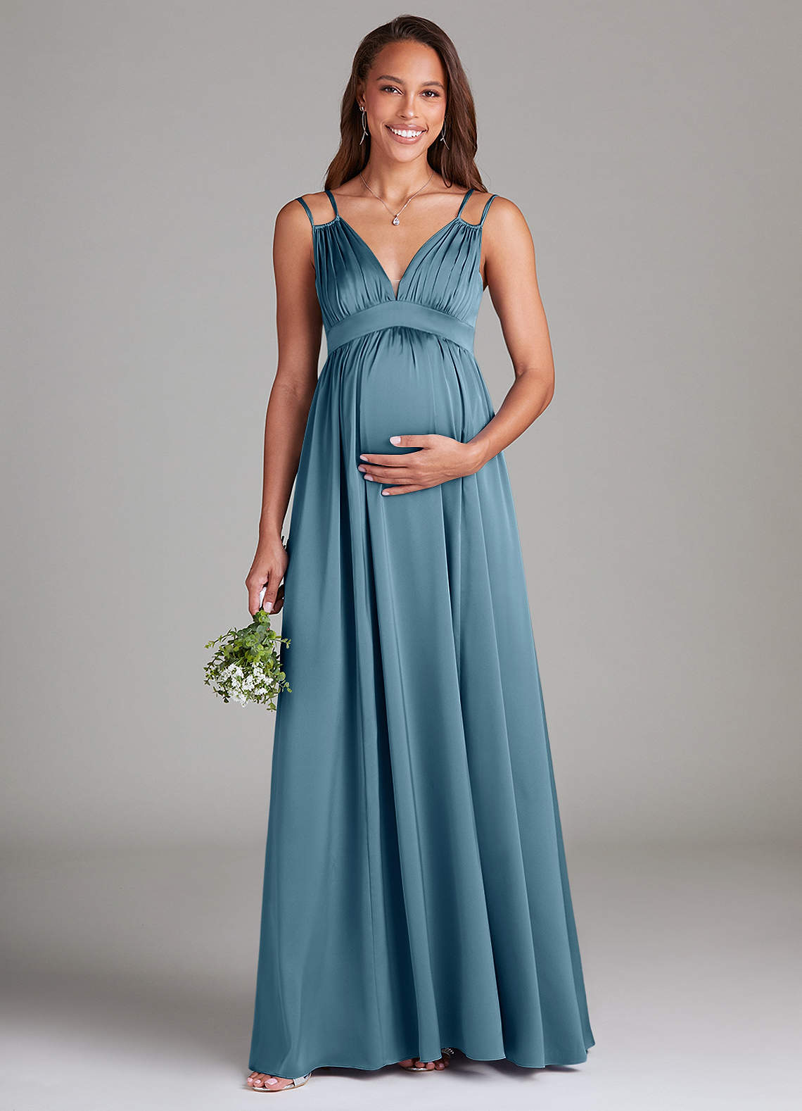 Azazie Emree Maternity Bridesmaid Dresses A-Line Stretch Satin Floor-Length Dress with Pockets image1
