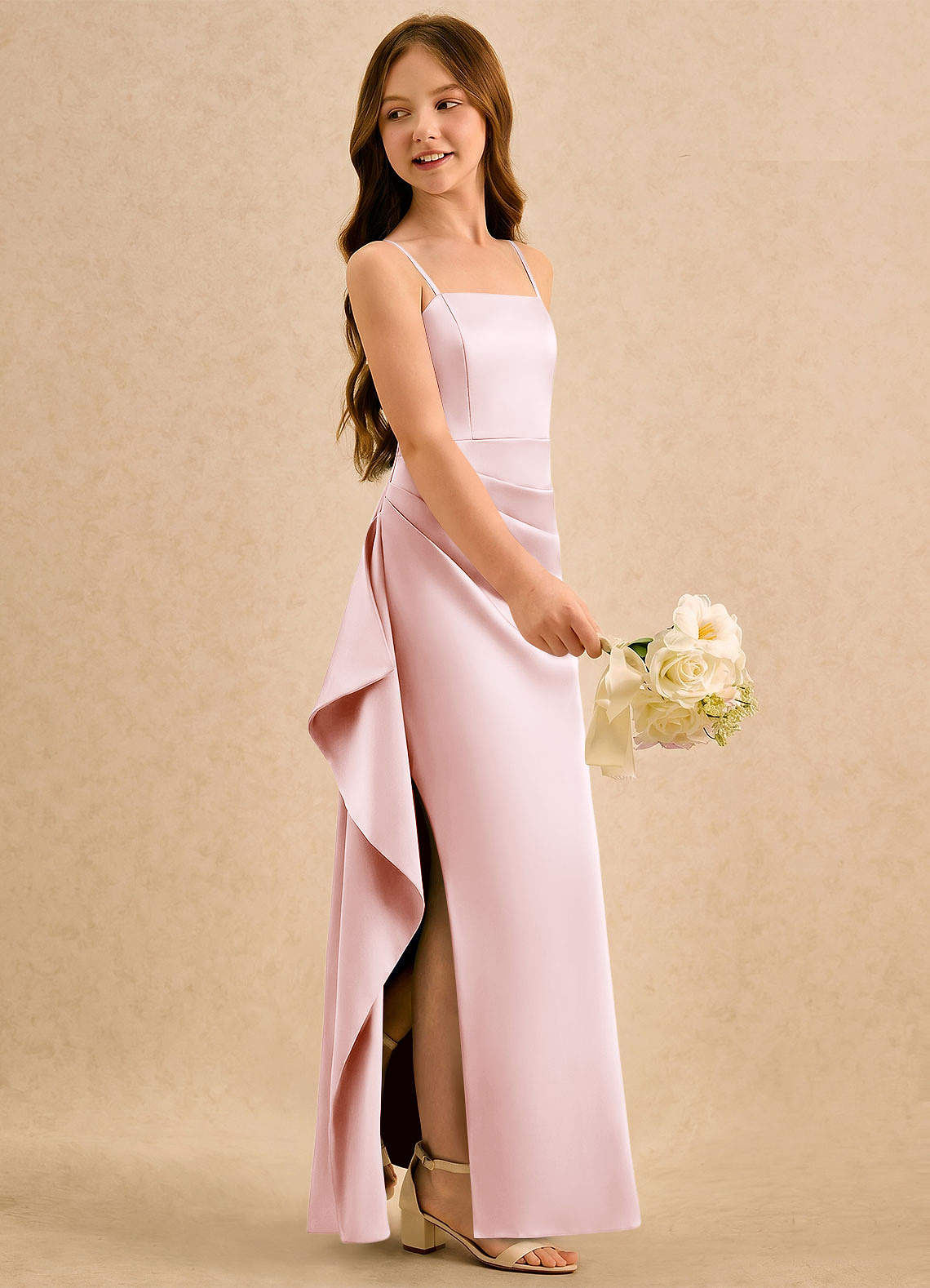 Azazie Cannoli Girls Formal Jurken voor bloemenmeisjes A-Lijn Jurk van Stretch Satijn Geplooide Blozend Roze image3