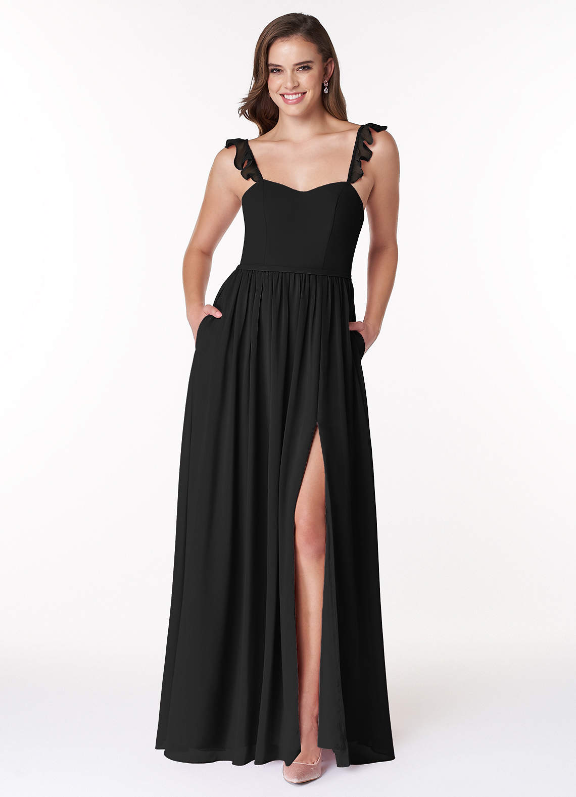 Azazie Metz Bridesmaid Dresses Black A-Line Sweetheart Ruched Chiffon Dress image1