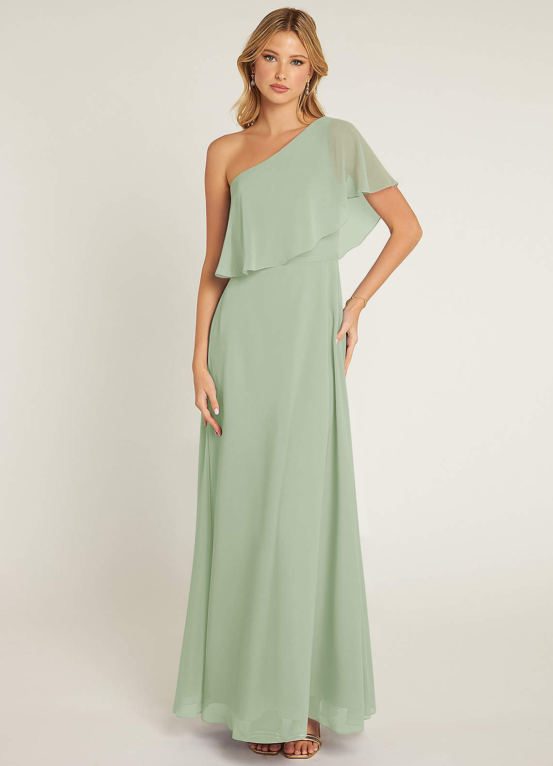 Azazie Lizzy Jurken voor bruidsmeisjes Jurk van Chiffon met A-Lijn One-Shoulder Stoffige Salie image1
