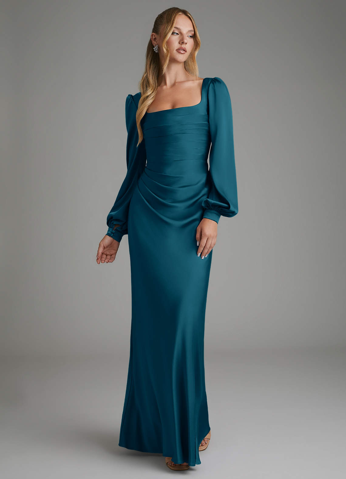 ink blue bridesmaid dresses Azazie Mermaid Square Neck Long Sleeve Floor-Length Stretch Satin Color:EGGPLANT Fun and flirty mock neck dresses 1990s Fashion | 90s
