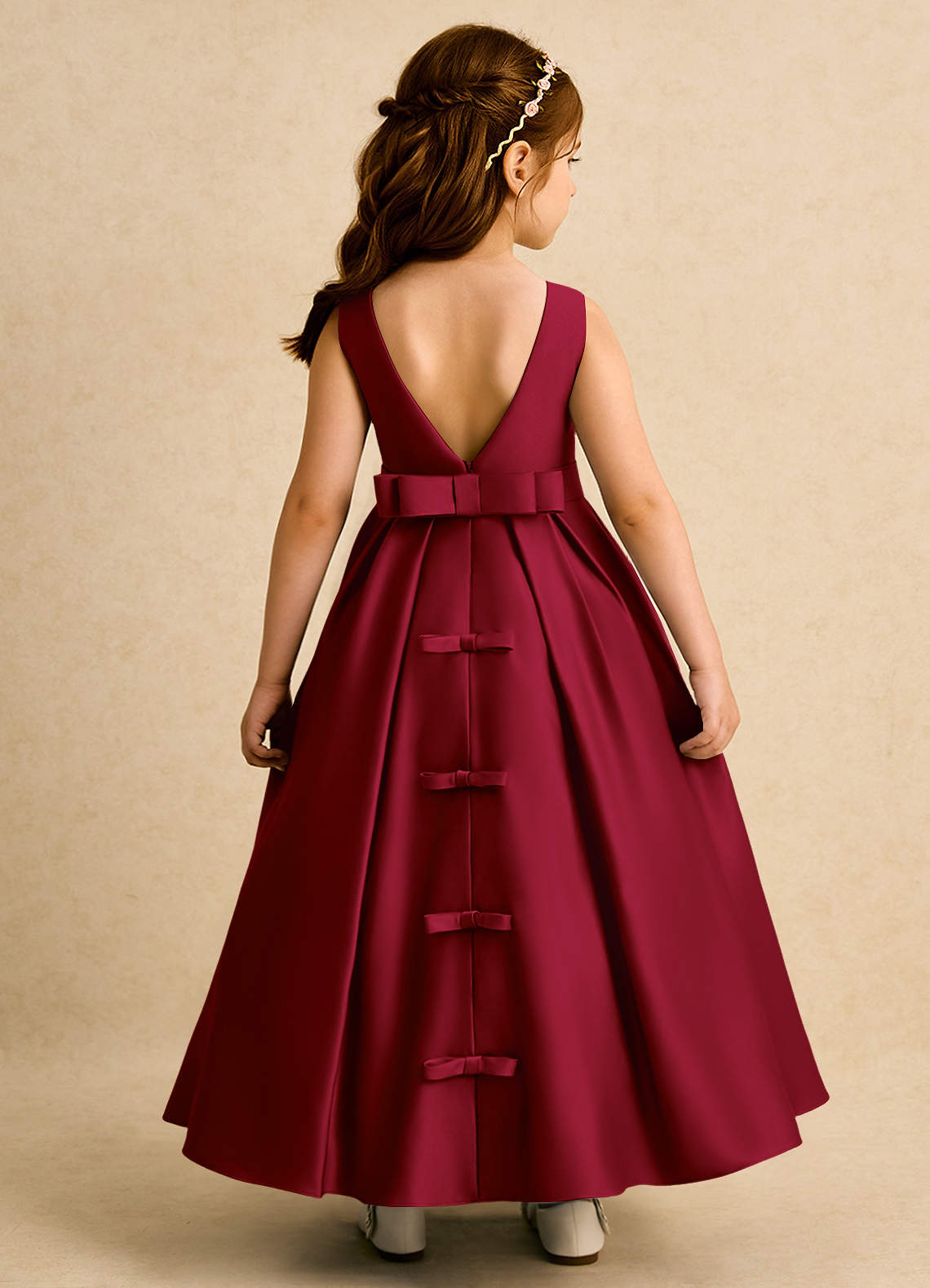 Azazie Mapel vestidos de niña de las flores Vestido de Borgoña de Satin Mate de Princesa con Plisado image1