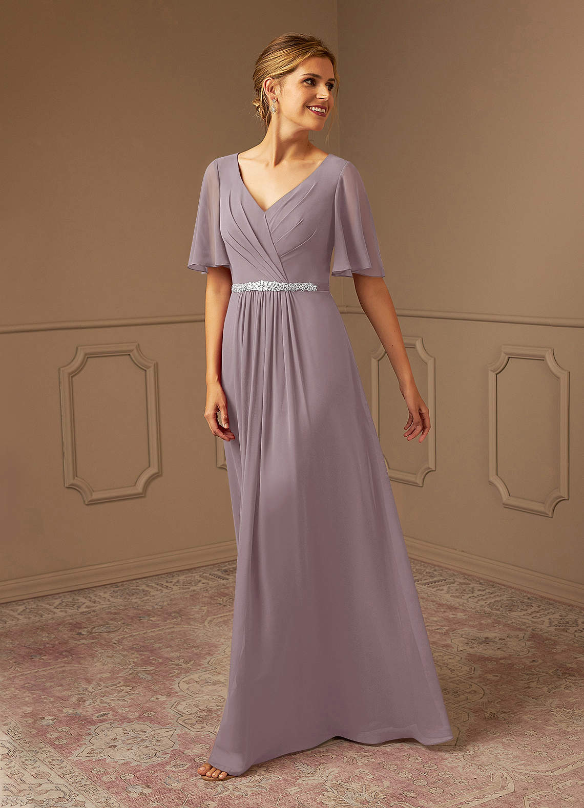 Azazie Tricia Mother of the Bride Dresses Dusk A-Line V-Neck Pleated Chiffon Dress image1