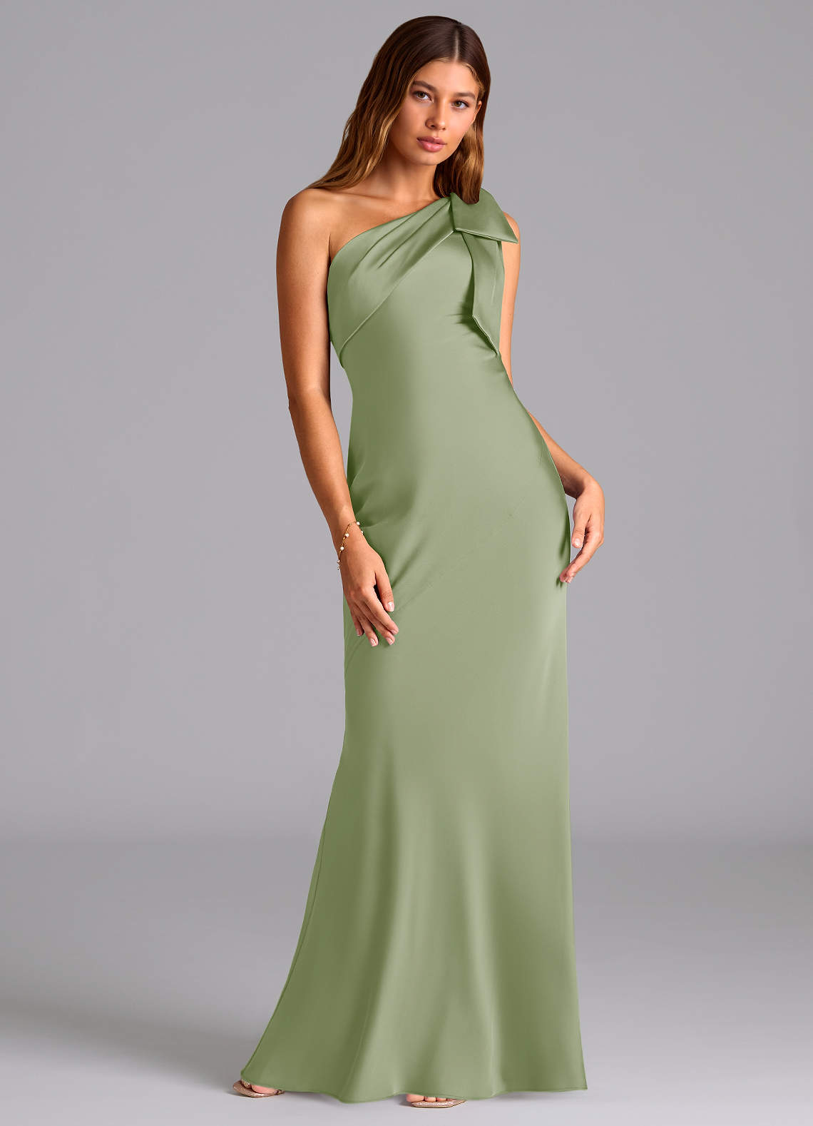Azazie Yuanna Bridesmaid Dresses Dusty Sage Mermaid One Shoulder Stretch Satin Dress image2