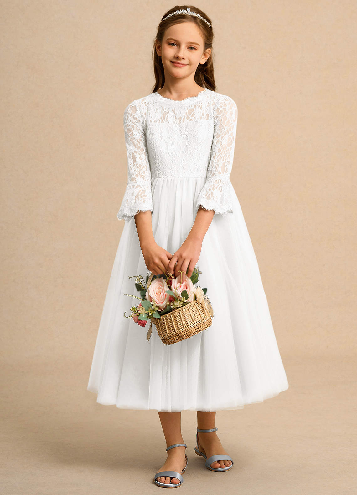 Azazie Lamb Girl Jurken voor bloemenmeisjes Baljurk Jurk van Kant Ivoor image1