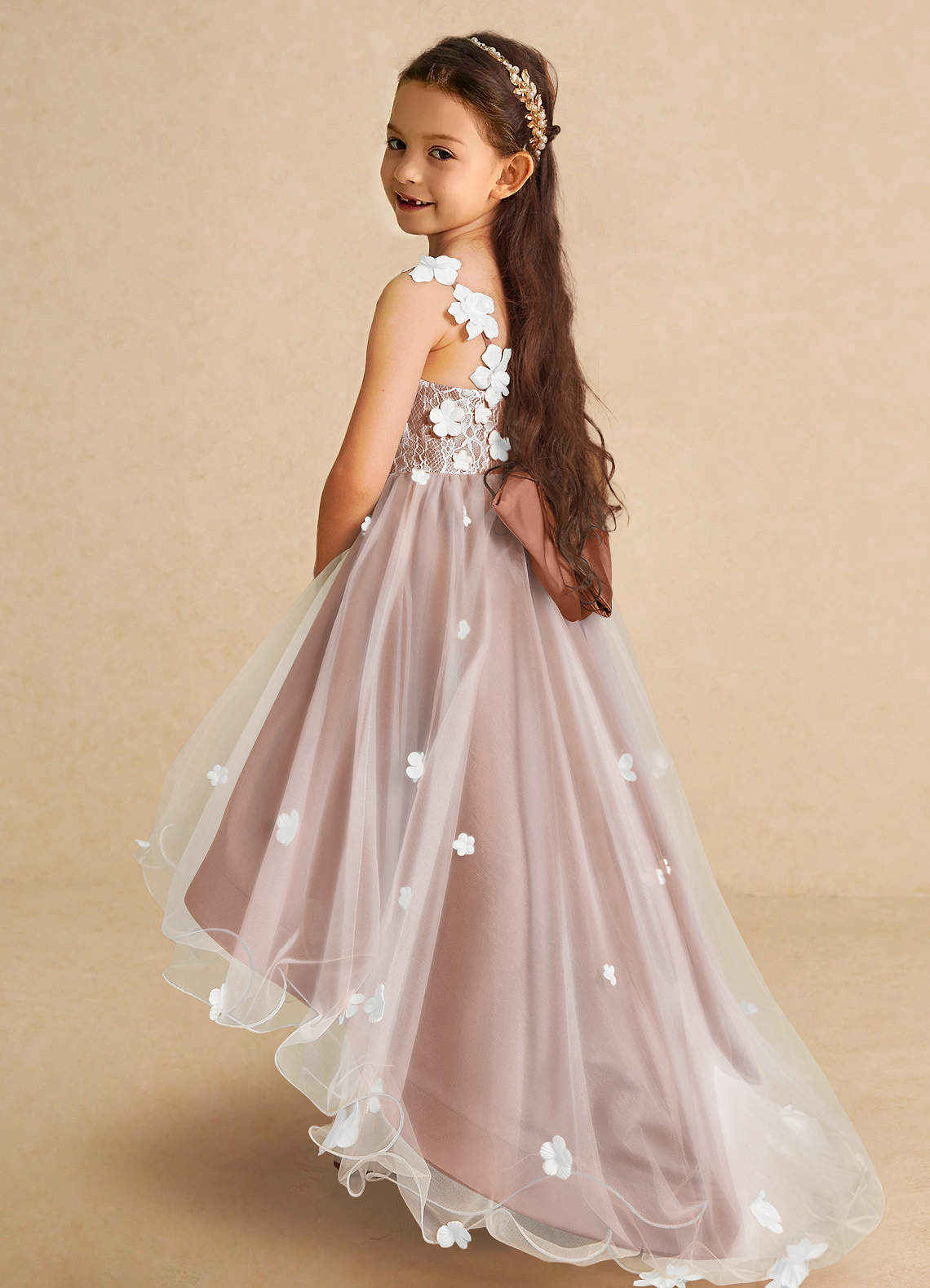 Azazie Celia Flower Girl Dresses Bronzer A-Line Lace Tulle Dress image1