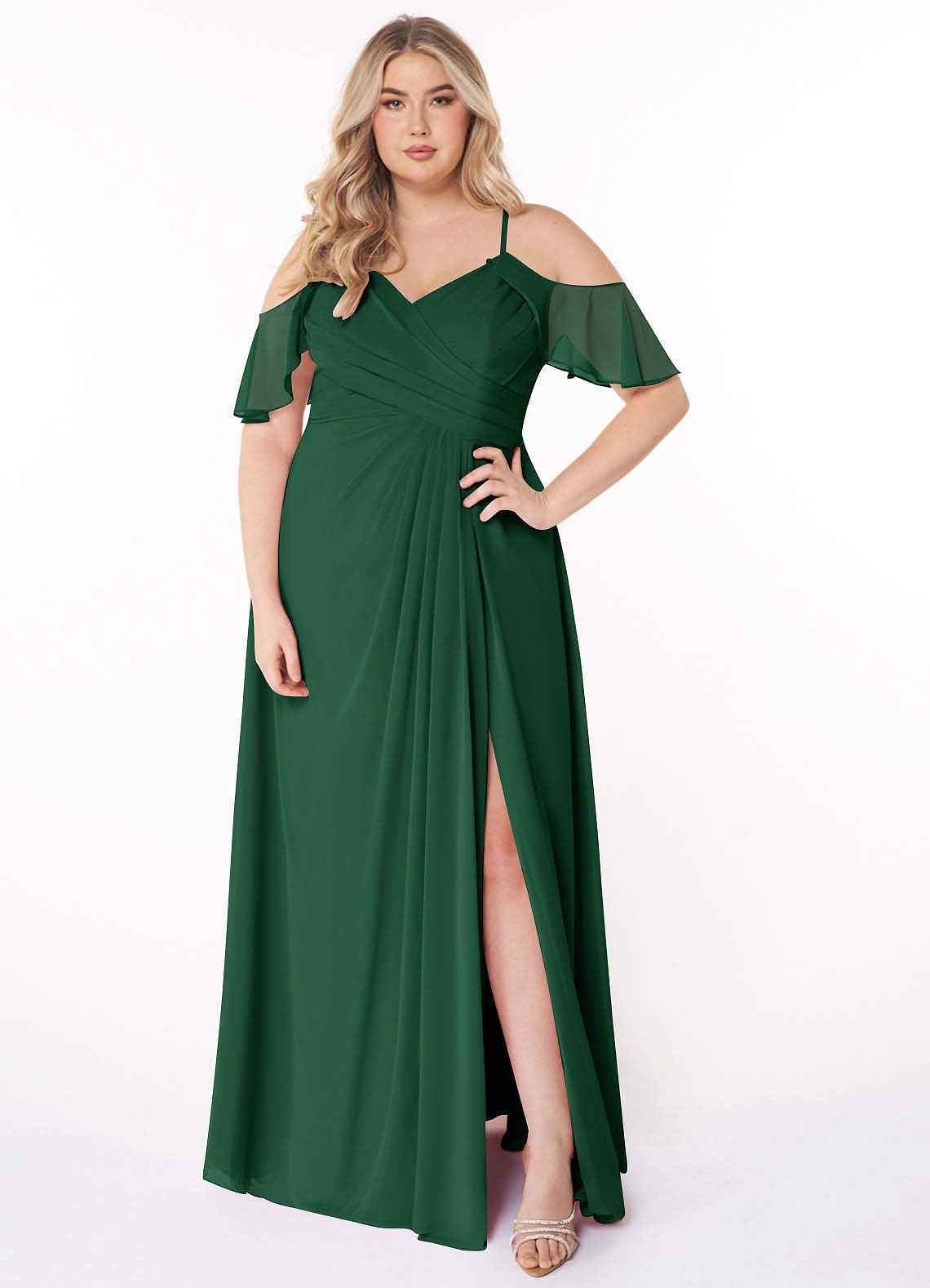 Azazie Dakota Vestidos de damas de honor Vestido de Verde Oscuro de Gasa de Corte en A con Cuello en V plisado image1