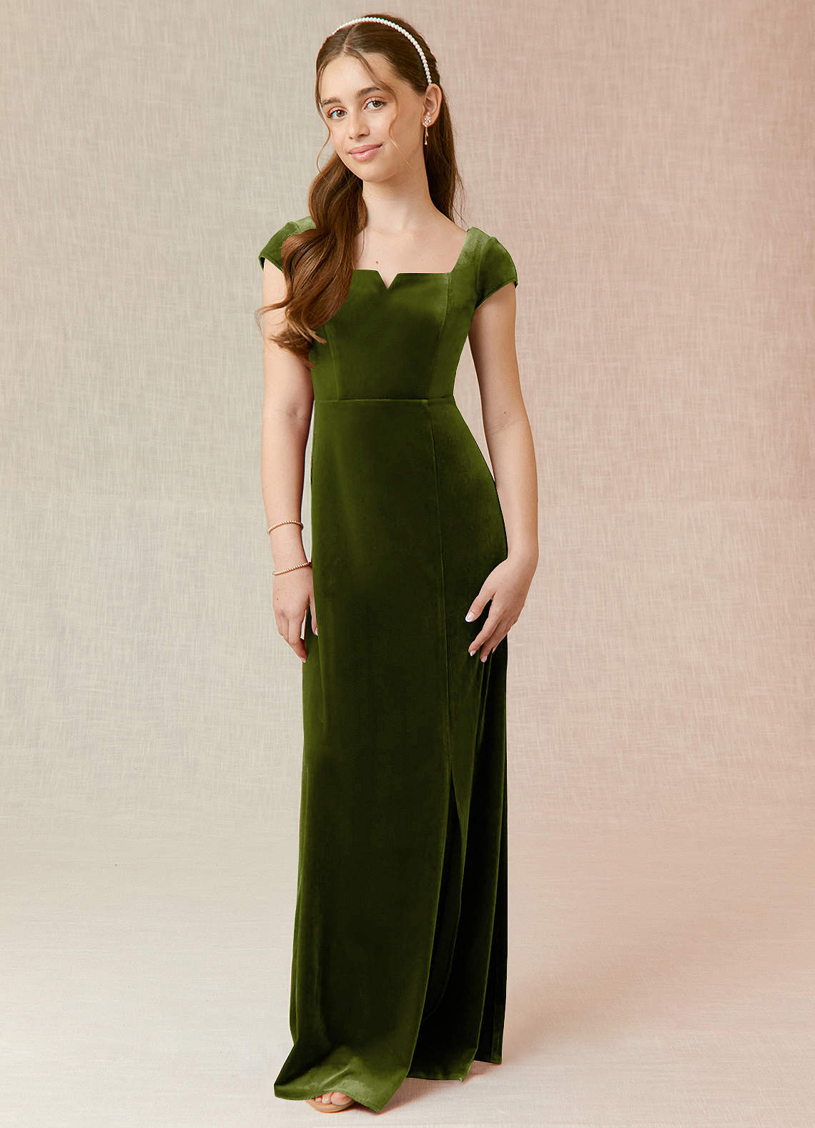 Azazie Gabi Junior Olive A-Line Velvet Dress image1