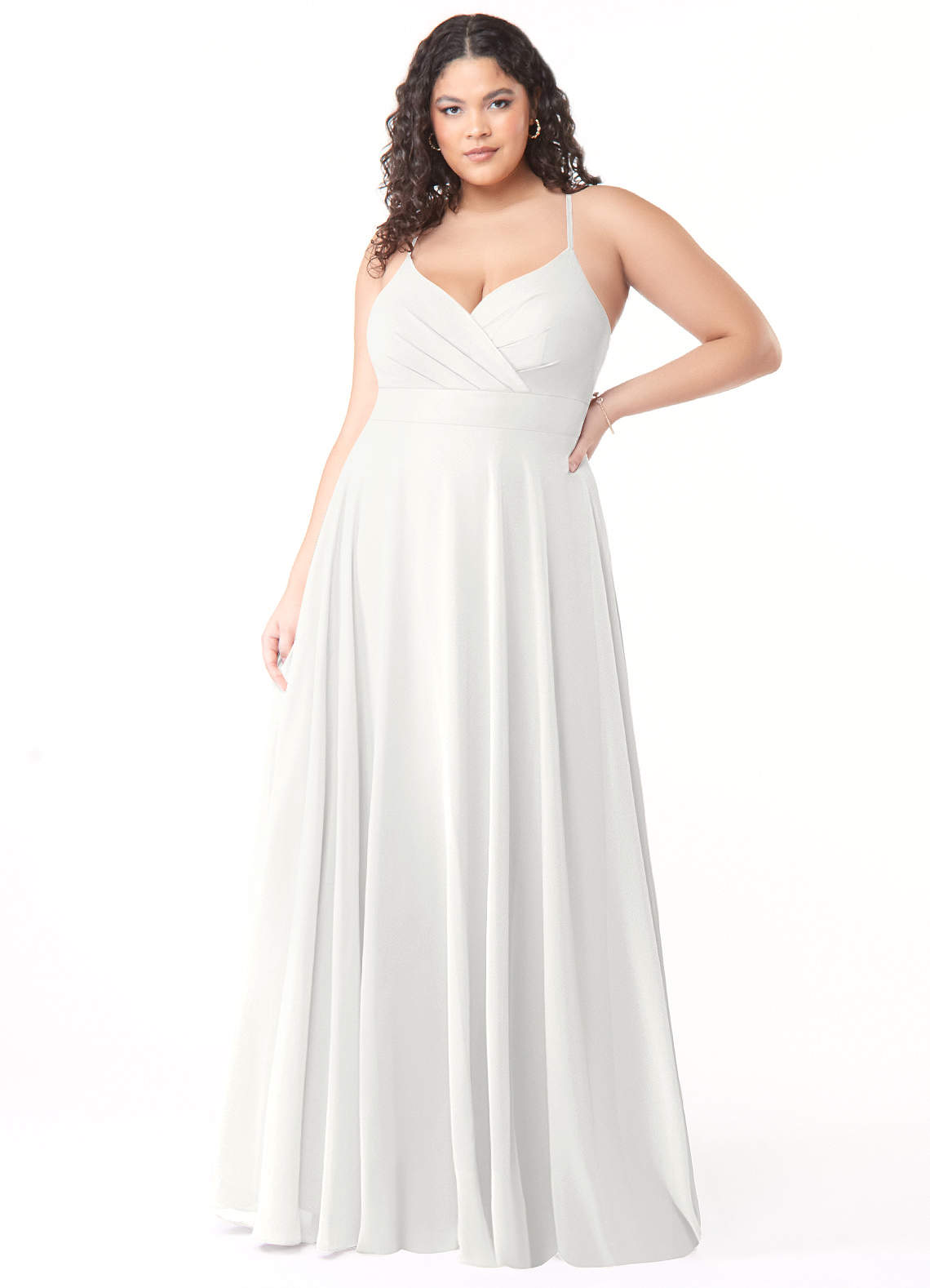 Azazie Avelina Robes de demoiselle d'honneur Robe Trapèze en Mousseline de soie Col V plissé Blanc image1