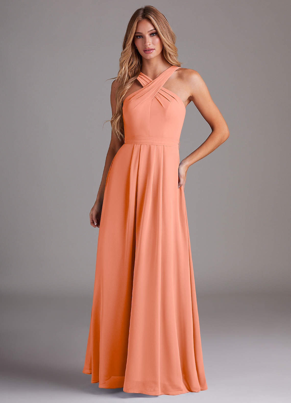 Azazie Dixie Bridesmaid Dresses Sunset A-Line Halter Pleated Chiffon Dress image1