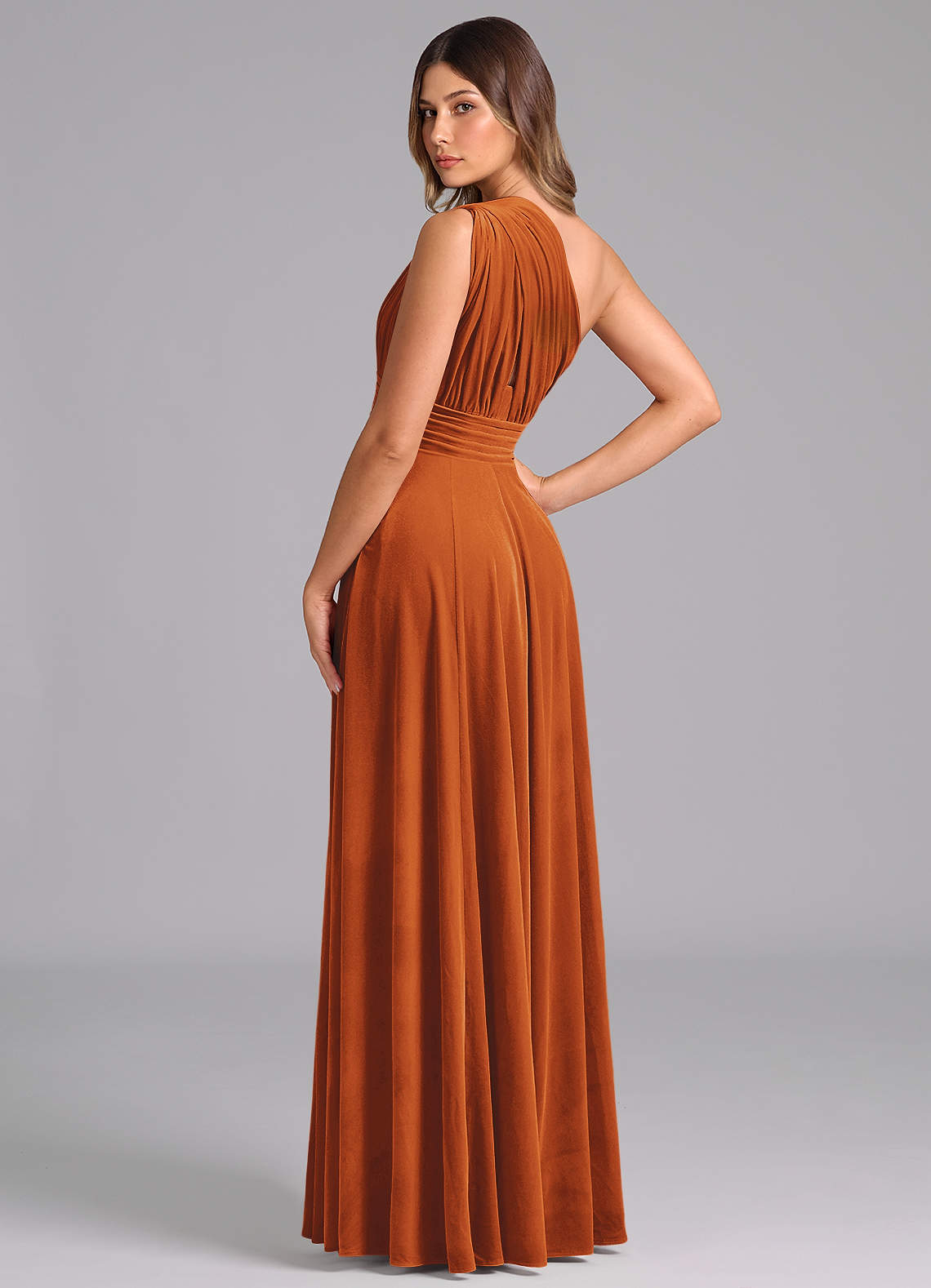 Azazie Charlize Bridesmaid Dresses Burnt Orange A-Line One Shoulder Velvet Dress image1
