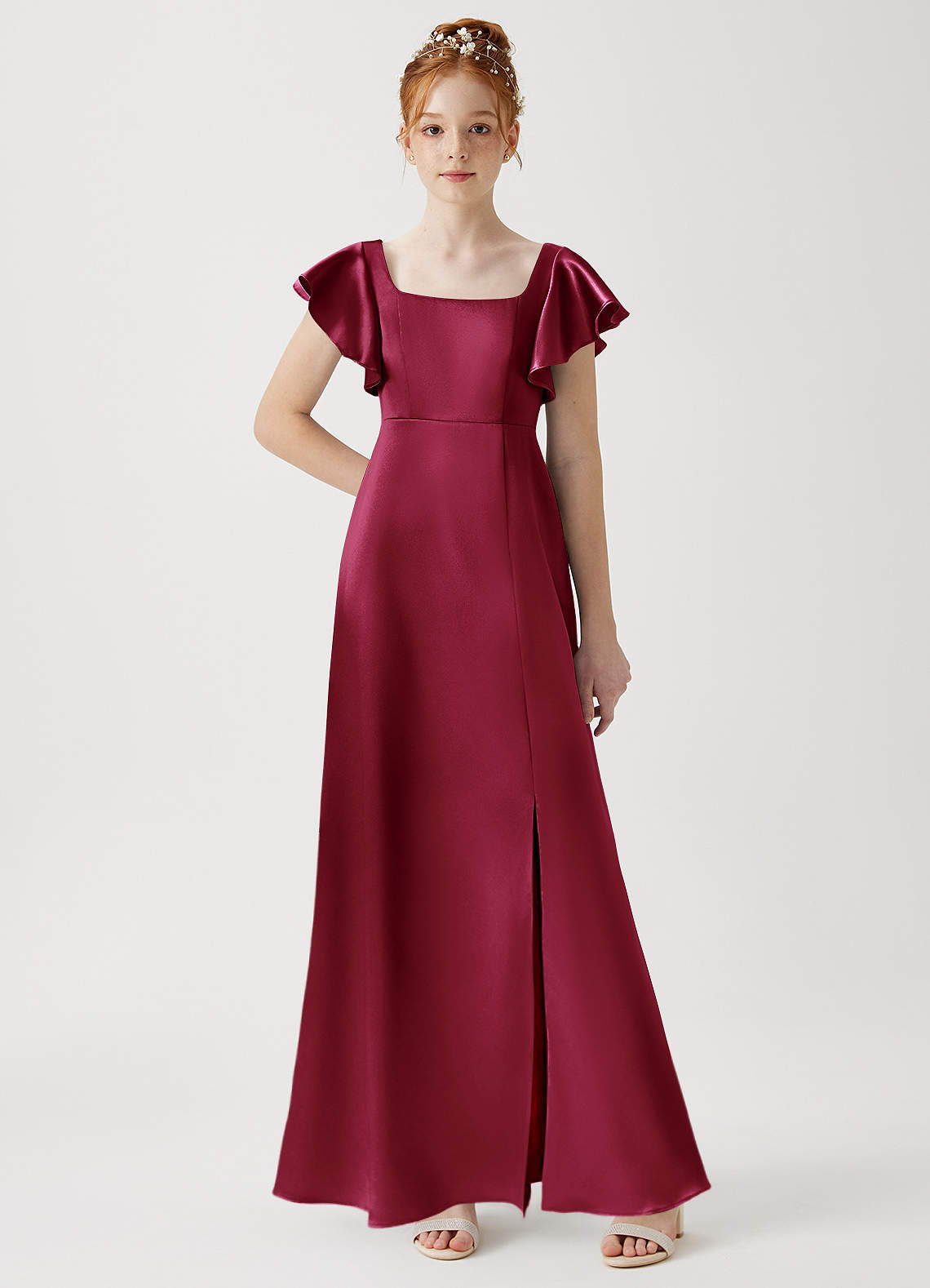 Azazie Bondi Junior Burgundy A-Line Side Slit Metallic Satin Dress image1
