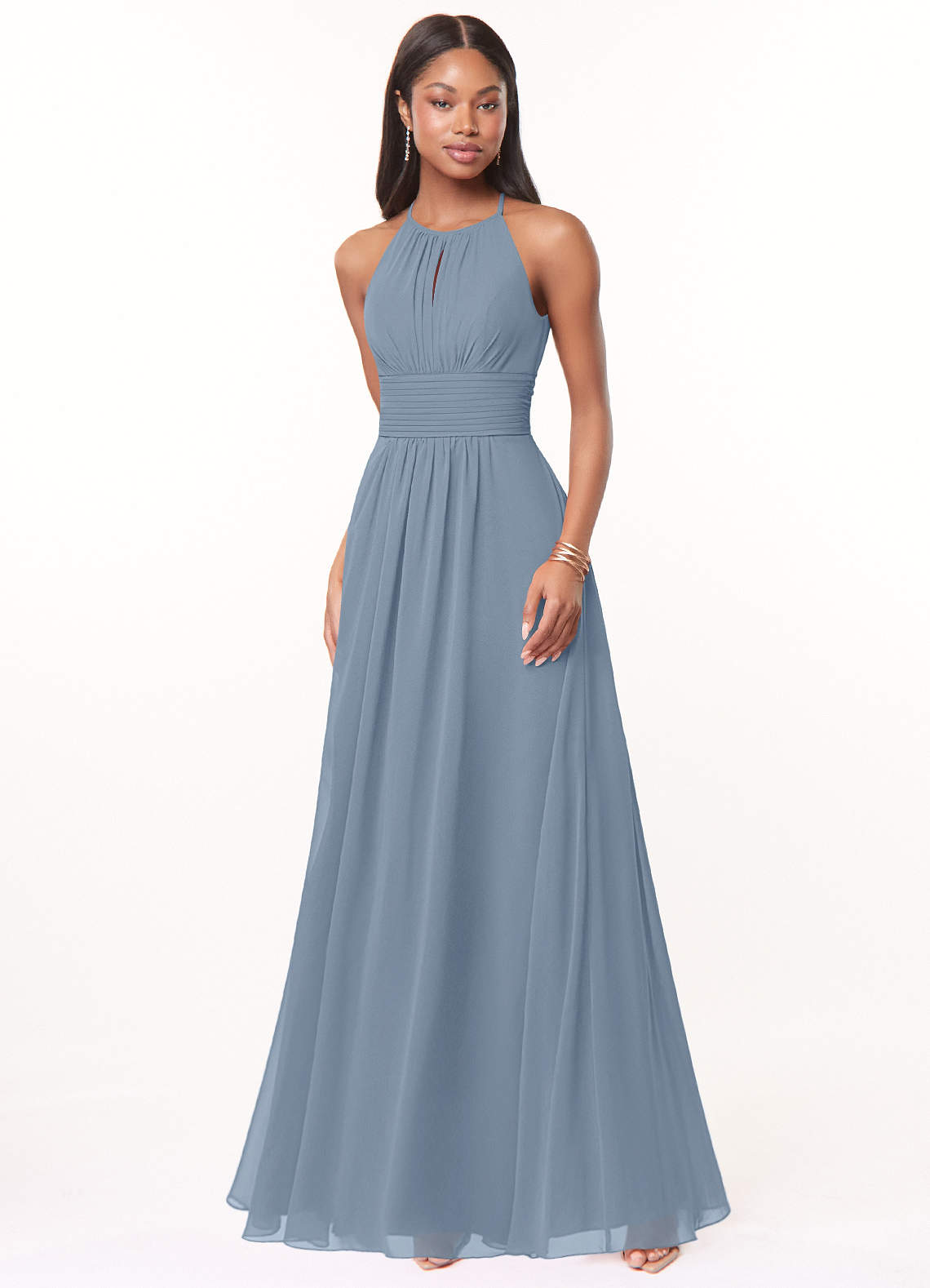 Azazie Bonnie Bridesmaid Dresses Dusty Blue A-Line Keyhole Ruched Chiffon Dress image1