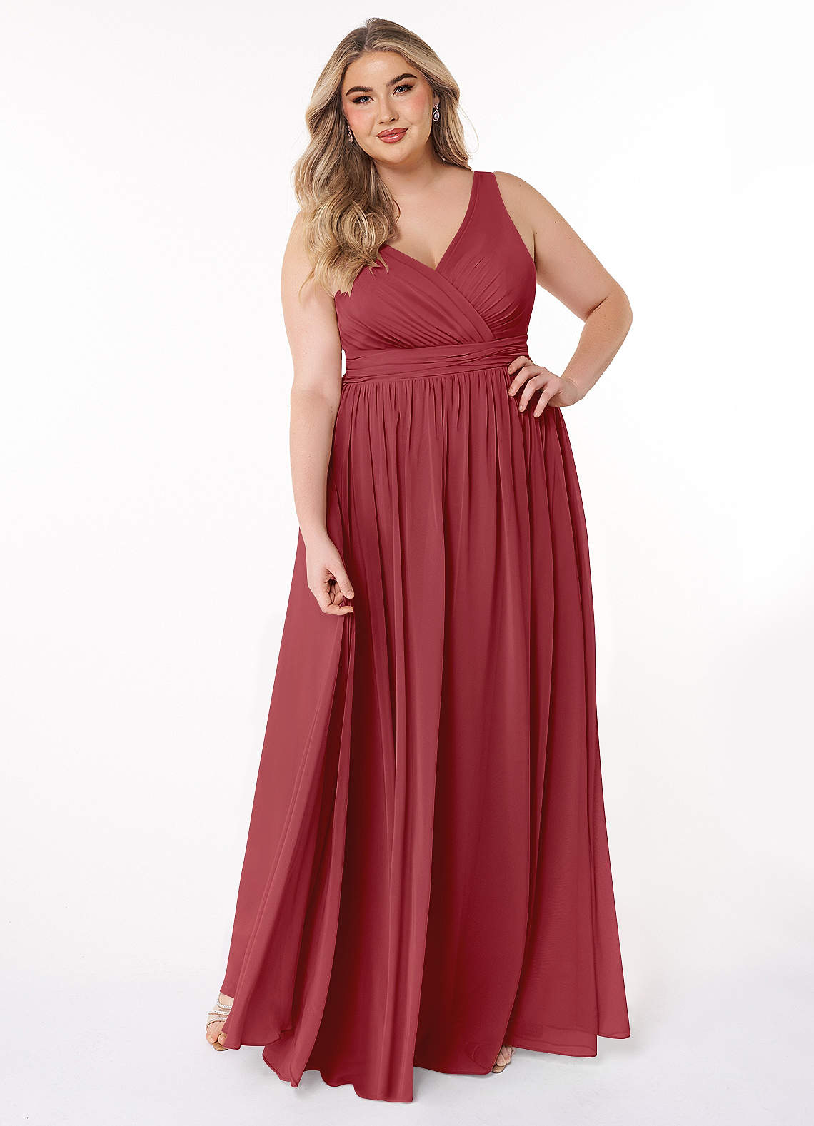 Azazie Kora Brautjungfernkleider A-Linie Plissee Chiffon Kleid Granatapfelrot image1