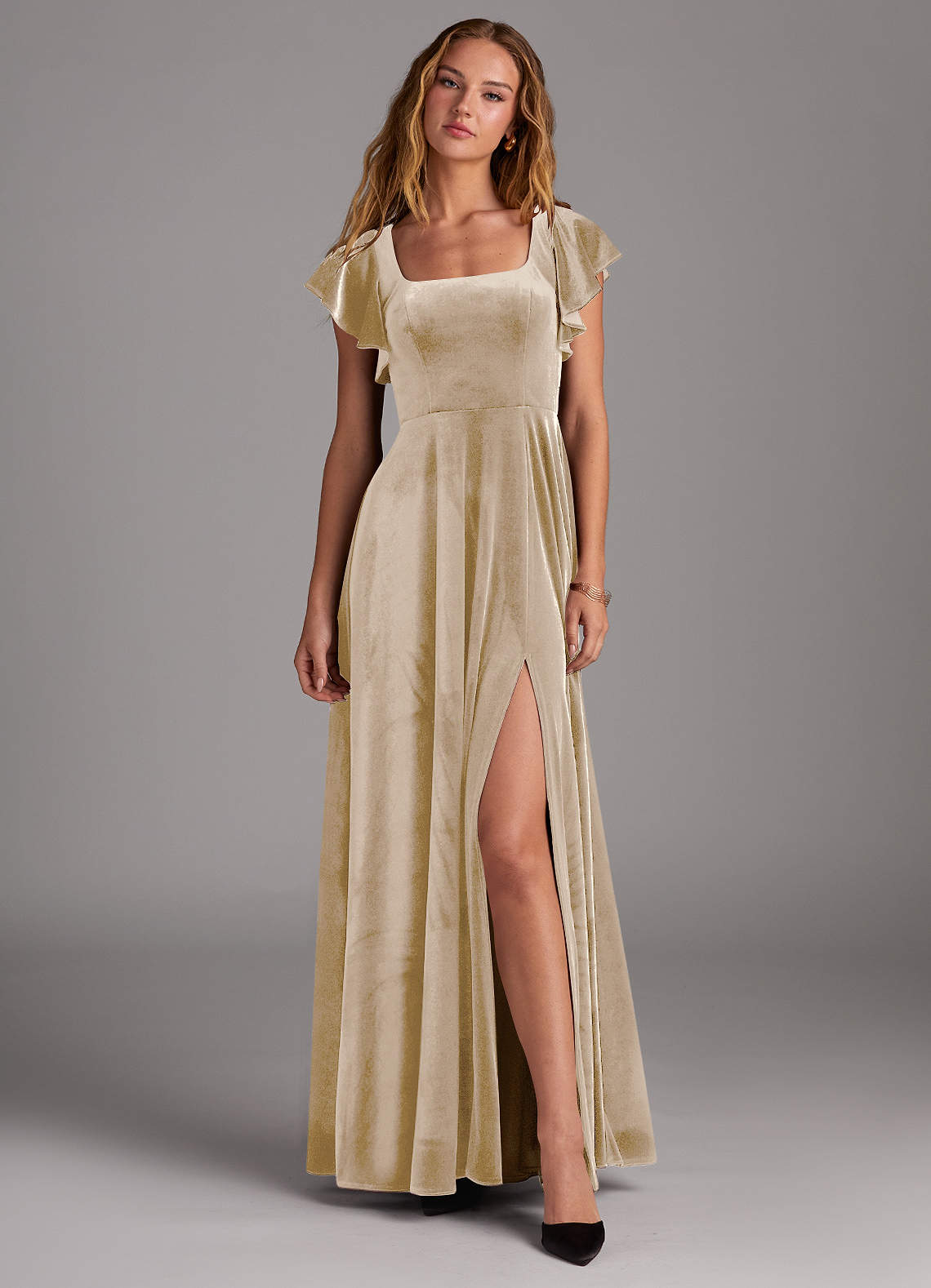 Azazie Bondi Bridesmaid Dresses Champagne A-Line Side Slit Velvet Dress image1