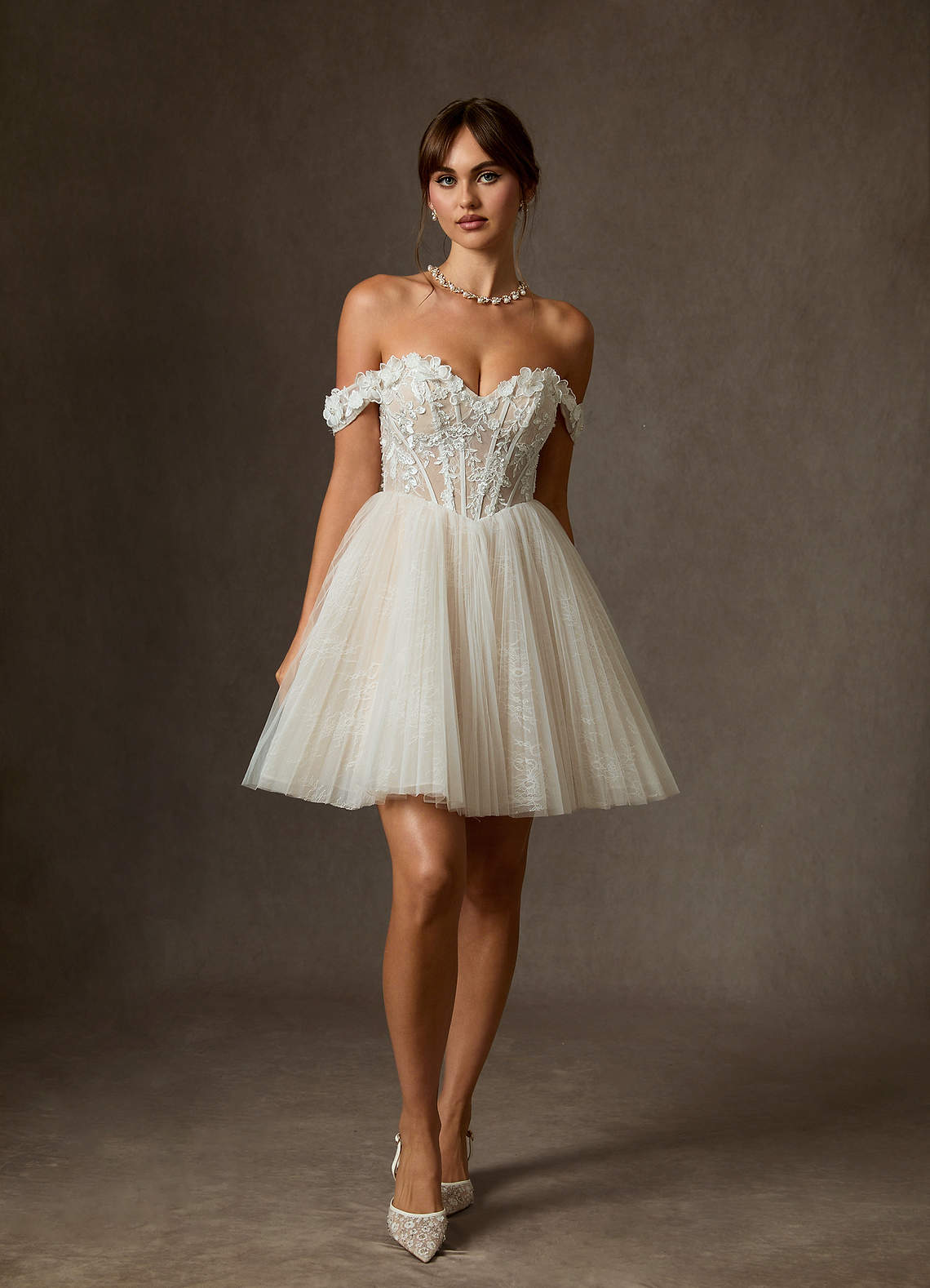 Azazie Sorel Trouwjurken Jurk van Kant met Baljurk Off the Shoulder Diamant Wit Champagne image1