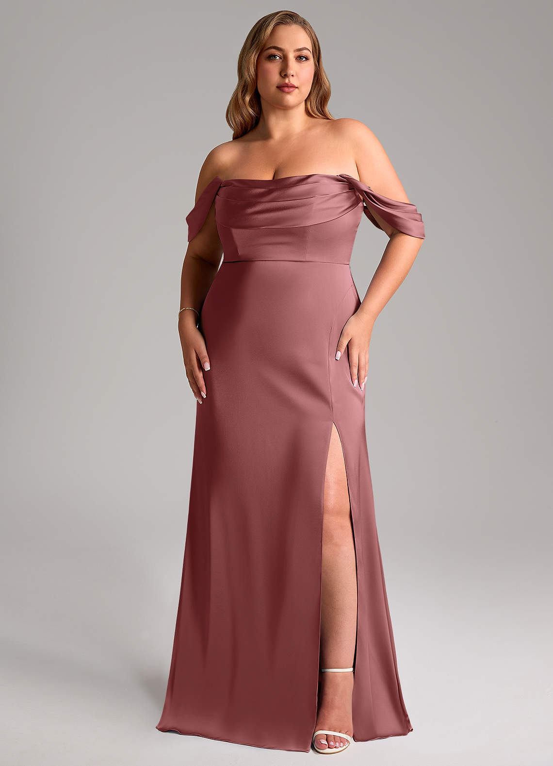 Azazie Saige Bridesmaid Dresses Amethyst Sheath Off the Shoulder Stretch Satin Dress image10