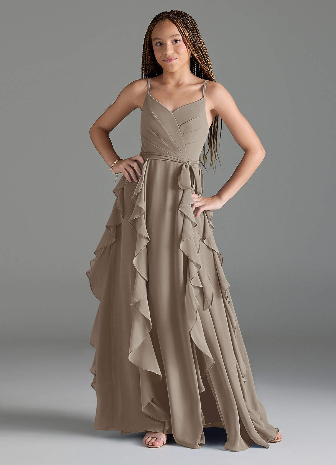 Azazie Peyton Junior Taupe A-Line V-Neck Cascading Ruffles Chiffon Dress image1
