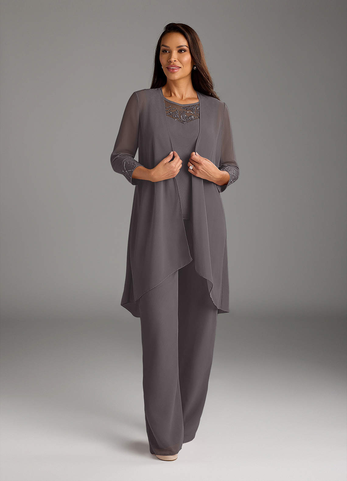 Azazie Maura Mother of the Bride Dresses Steel Grey Jumpsuit/Pantsuit Sequins Chiffon Dress image1