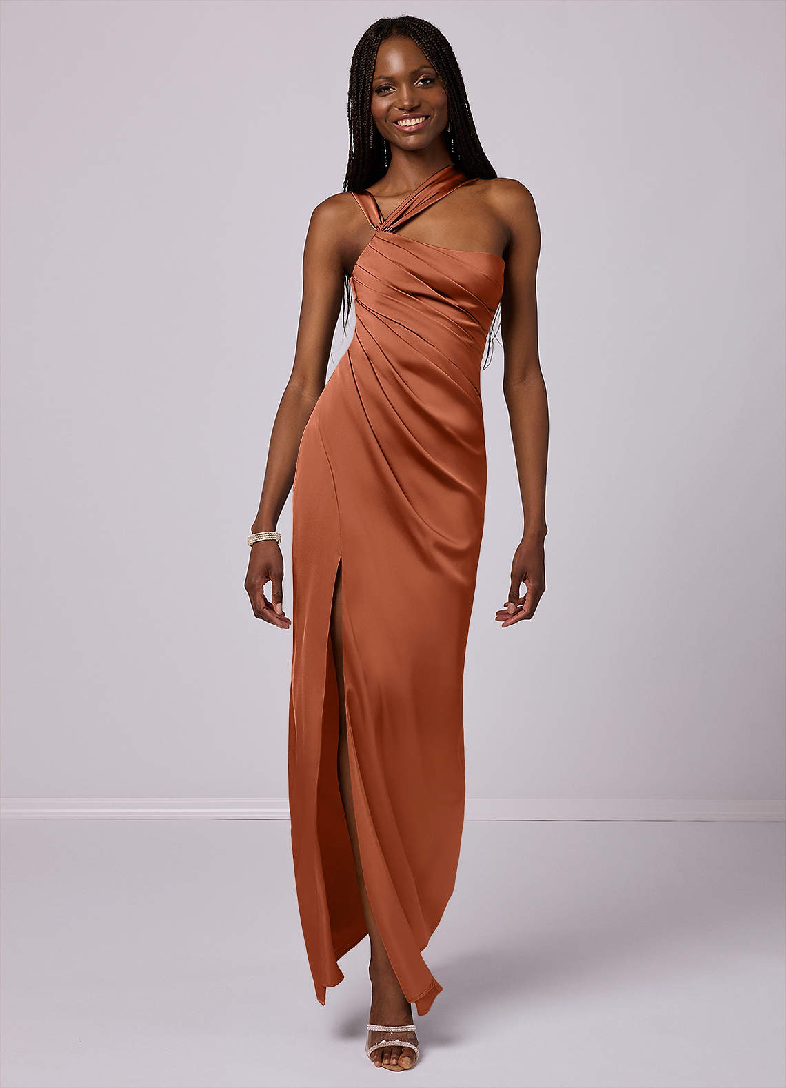 Barbie ♥ Azazie Robes de demoiselle d'honneur Robe Sirène en Satin extensible Ue épaule Rose De Cèdre image1