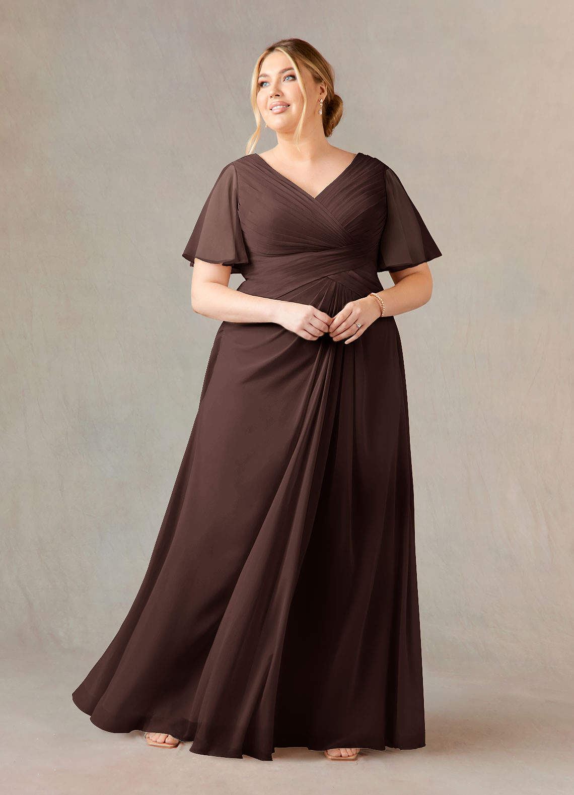 Azazie Morning Glory Mother of the Bride Dresses Ganache A-Line V-Neck Ruched Chiffon Dress image1