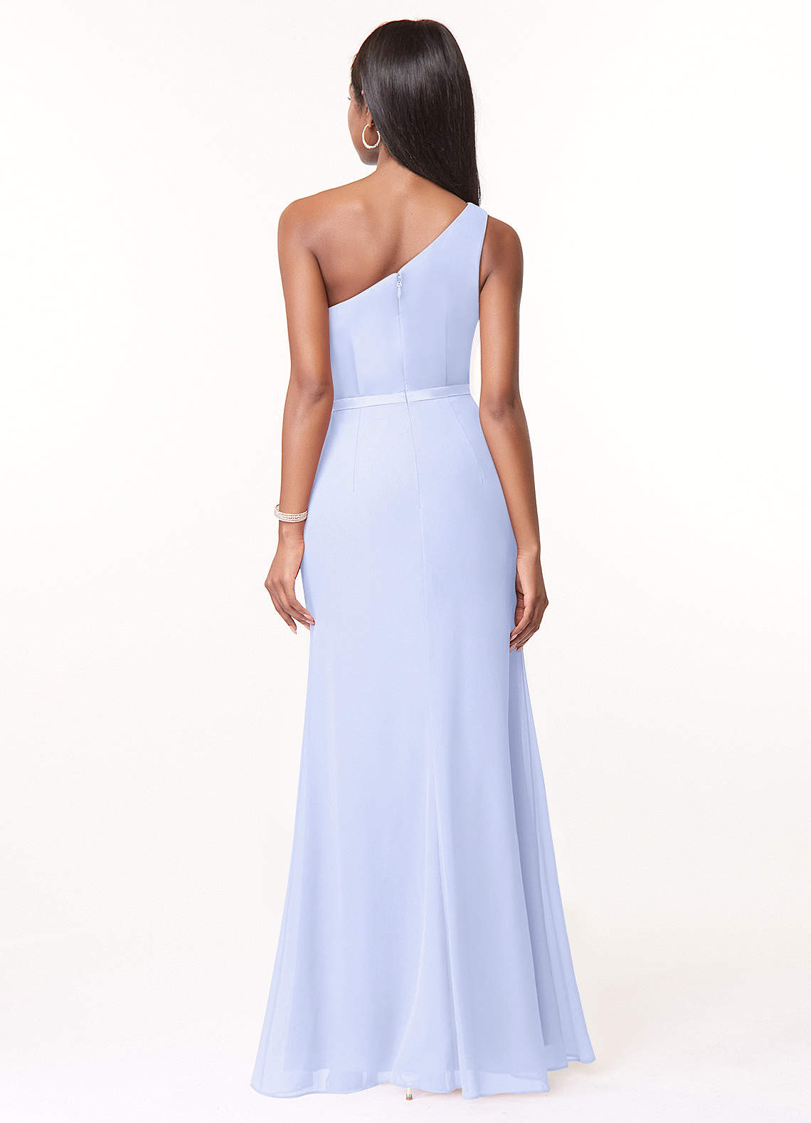 one shoulder chiffon bridesmaid dress with cascade BABARONI BABARONI Chiffon Silver Bridesmaid Dresses One Shoulder Floor-length Sleeveless Pleated with Slit A-line, Silver / US18