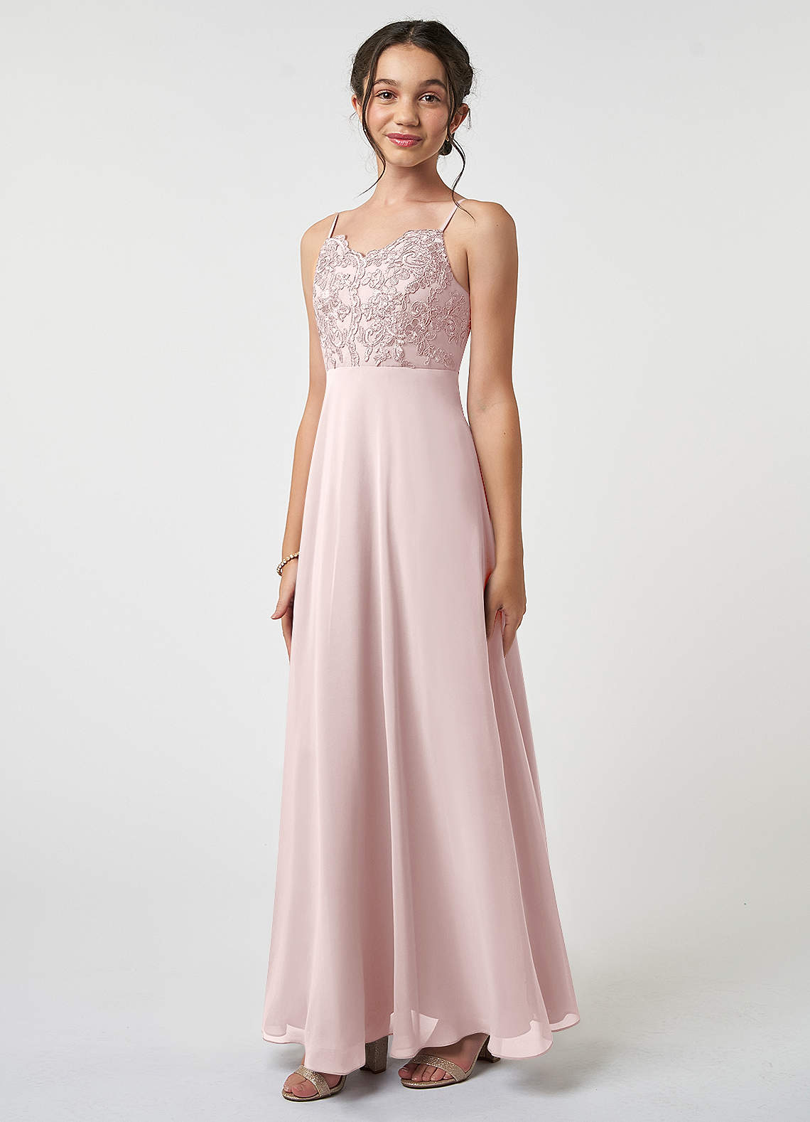 Azazie Sonya Junior Robe Trapèze en Mousseline de soie Dentelle Rose Pâle image1