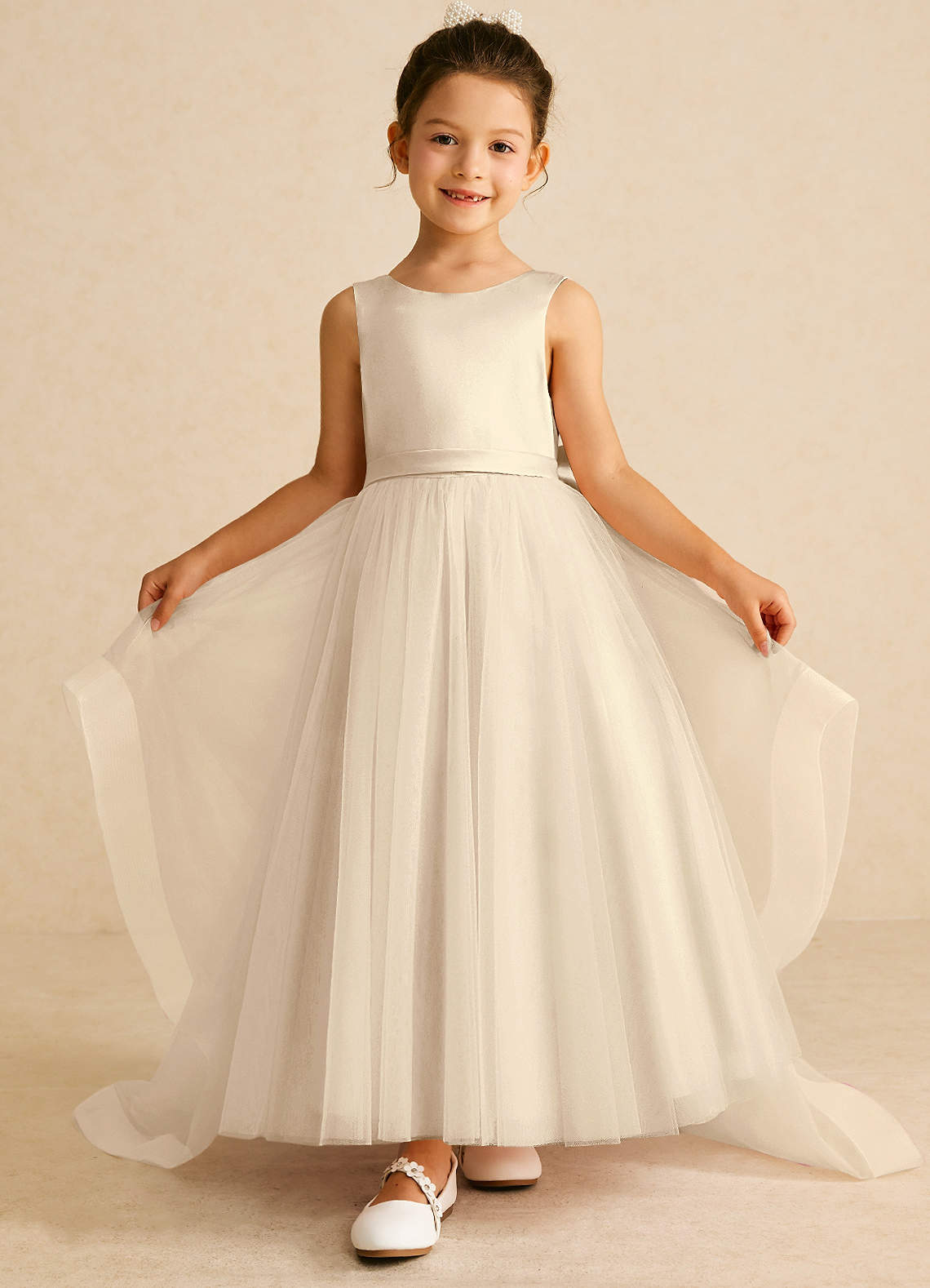 Azazie Pumpkin Flower Girl Dresses Champagne A-Line Bow Tulle Dress image1