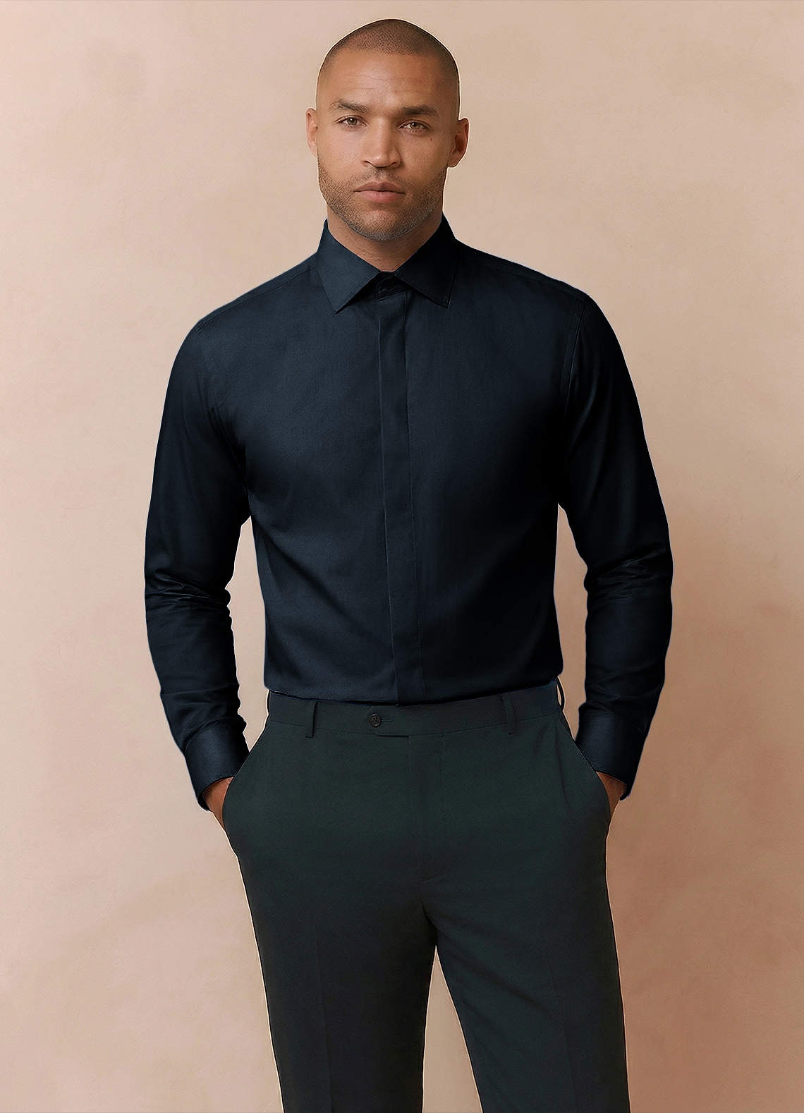 front Noah Navy Blue Performance Stretch Dress Shirt
