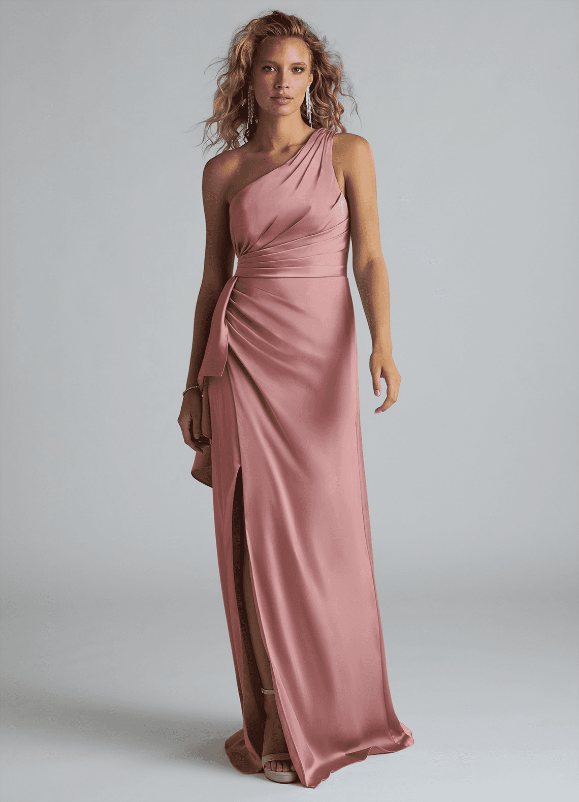 Azazie Maive Bridesmaid Dresses Dusty Rose Sheath Ruched Stretch Satin Dress image1