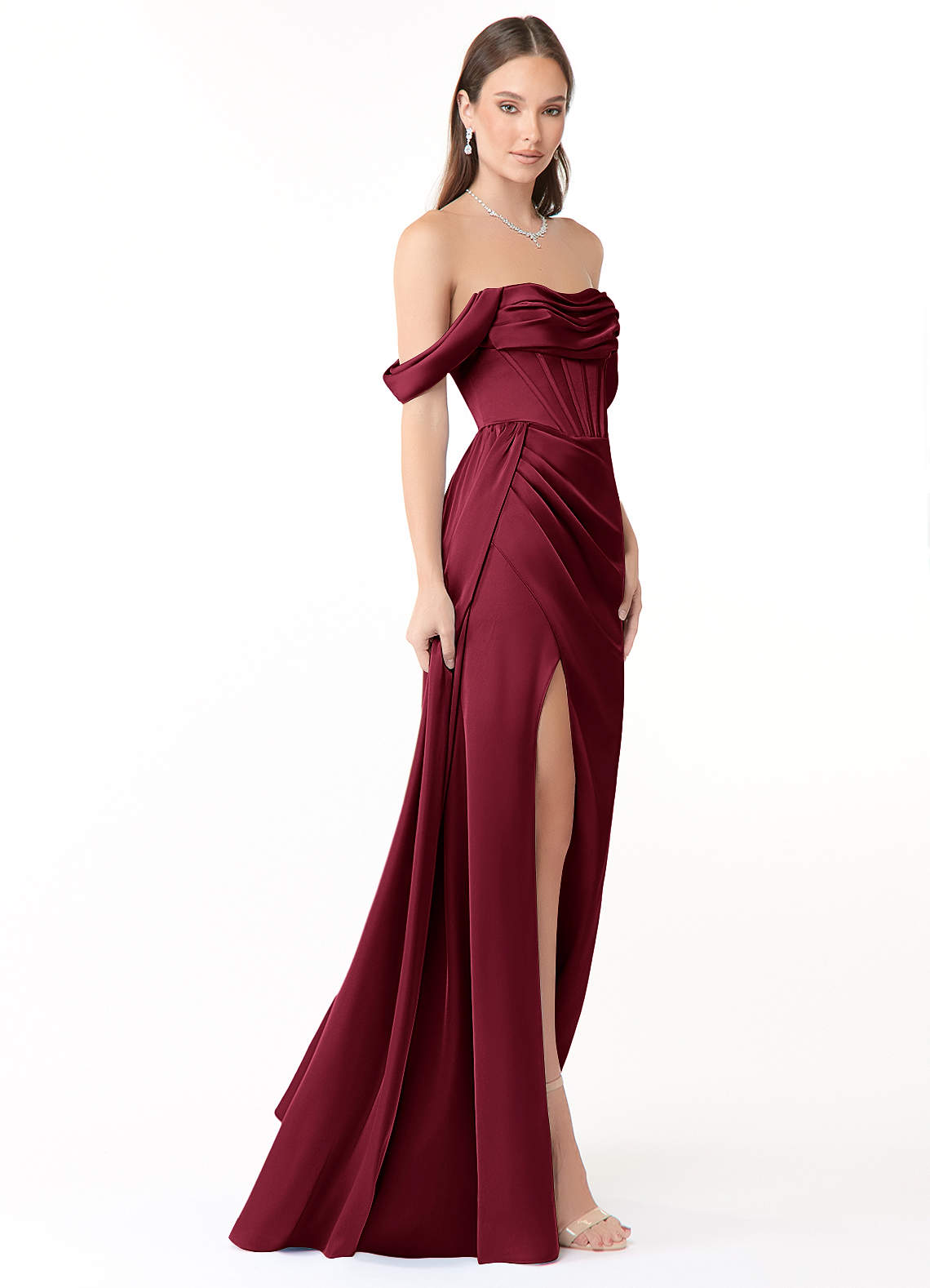 Azazie Amyra Bridesmaid Dresses Burgundy Mermaid Off the Shoulder Stretch Satin Convertible Dress image3