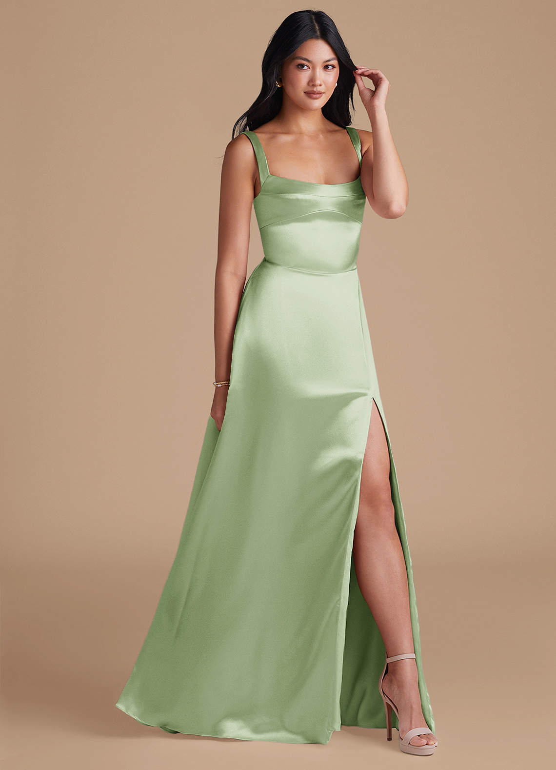Azazie Hope Brautjungfernkleider A-Linie mit Taschen Metallischer Satin Kleid Staubiger Salbeigrün image1