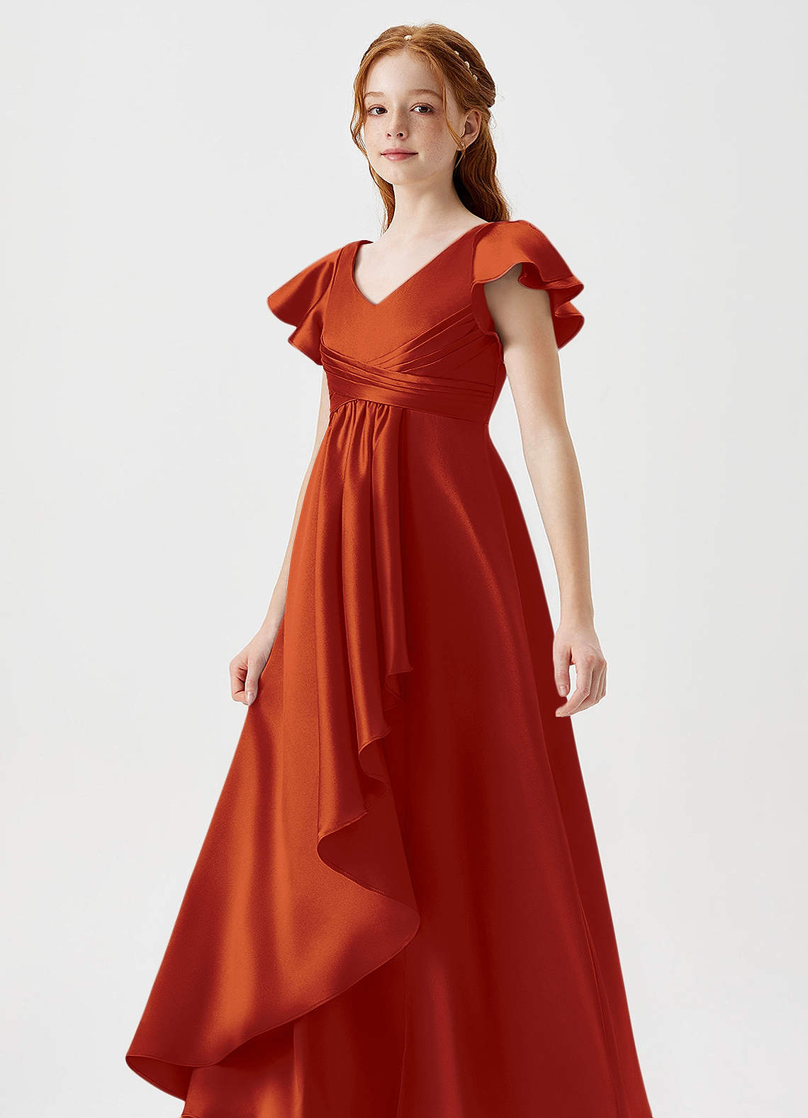 Azazie Omari Junior Paprika A-Line Pleated Metallic Satin Dress image1
