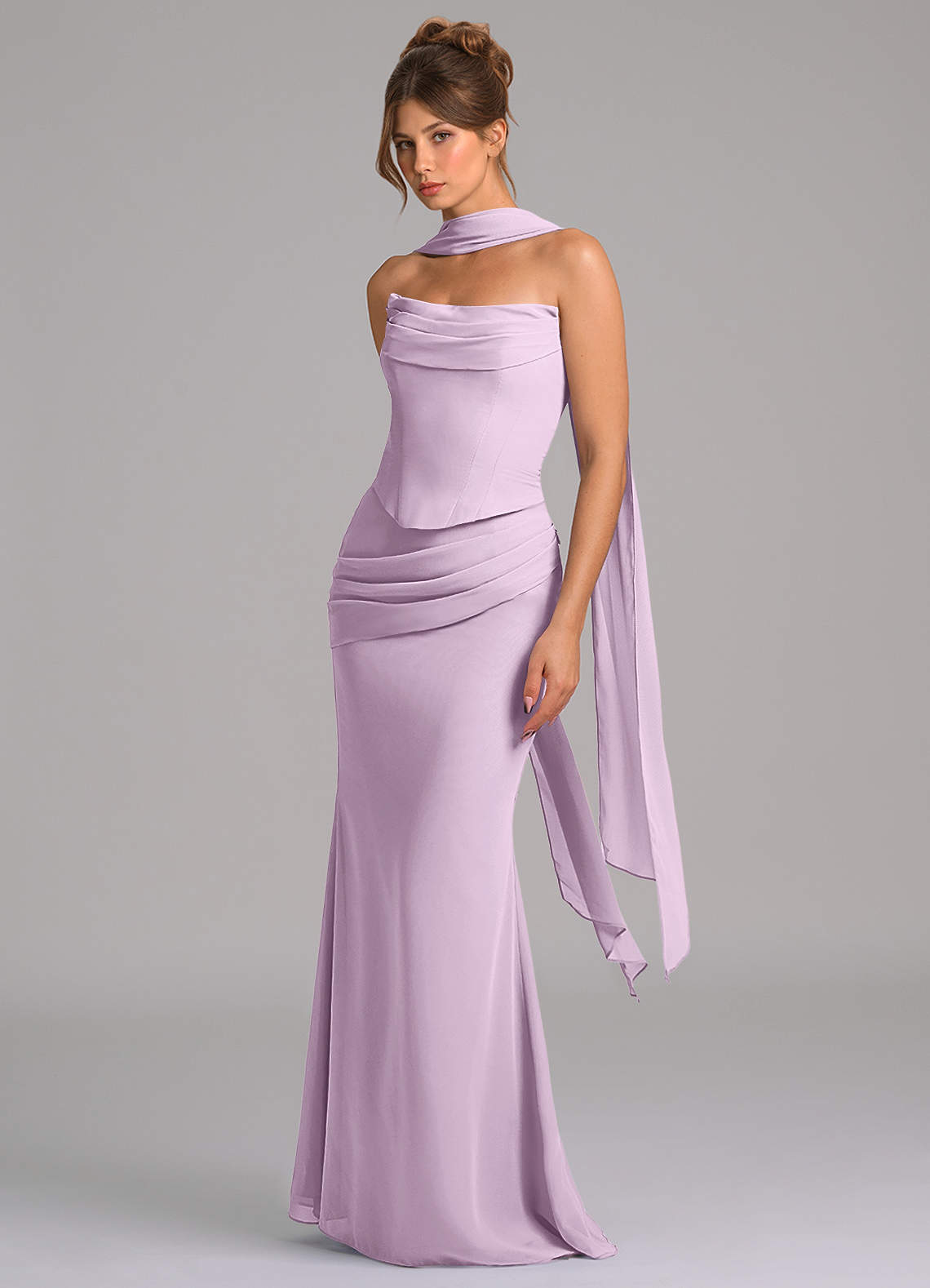 Azazie Sorrel Vestidos de damas de honor Vestido de Lila Esmerilada de Gasa de Corte Sirena con Corsé image4