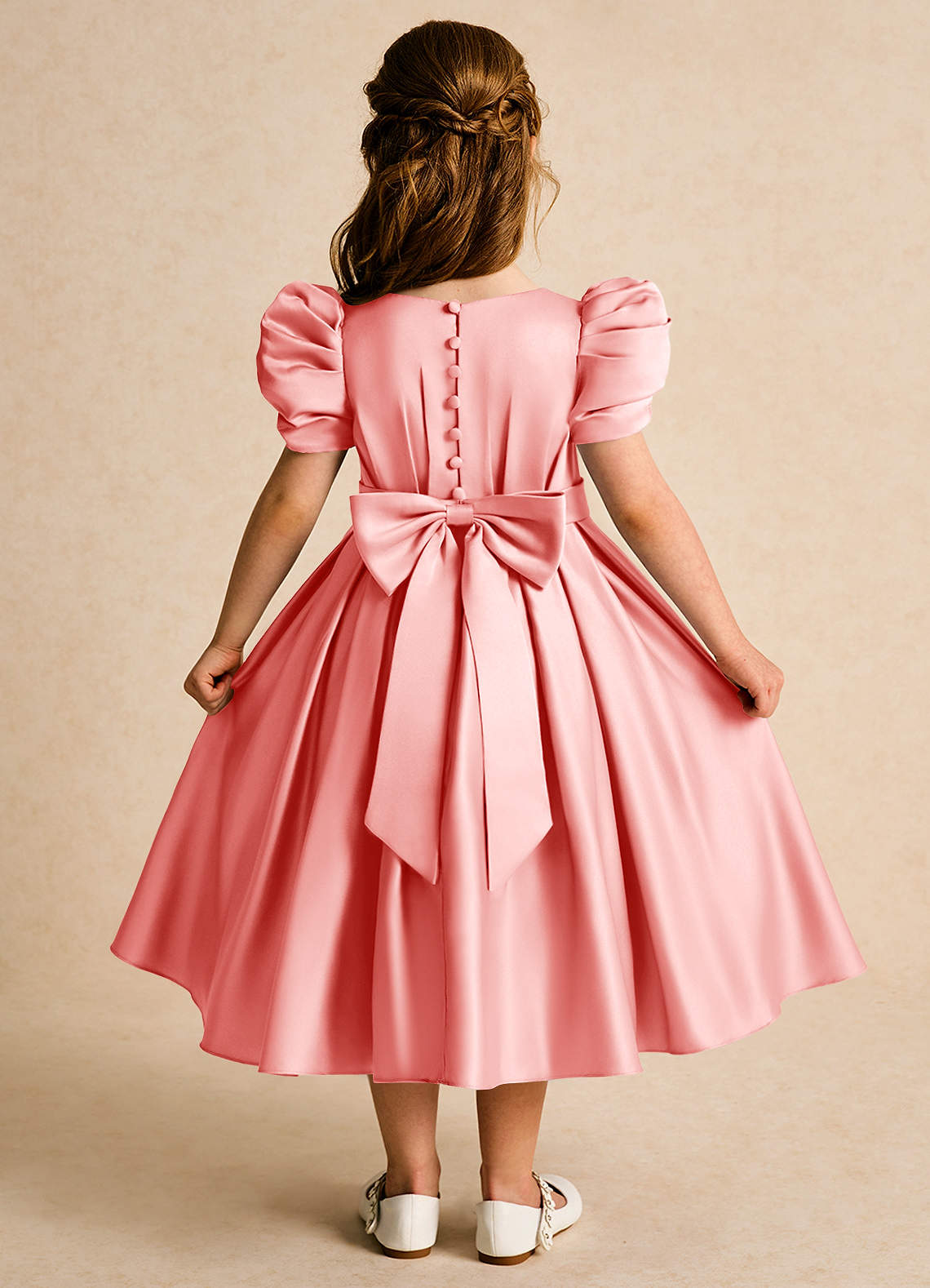 Azazie Miriam Coral Ball-Gown Pleated Matte Satin Dress | Azazie