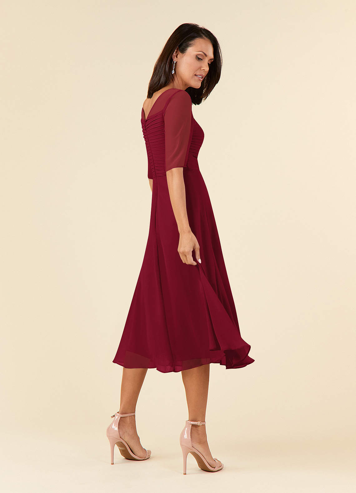 Azazie Naomi At-home Try On Dresses Burgundy A-Line Boatneck Pleated Chiffon Dress image3