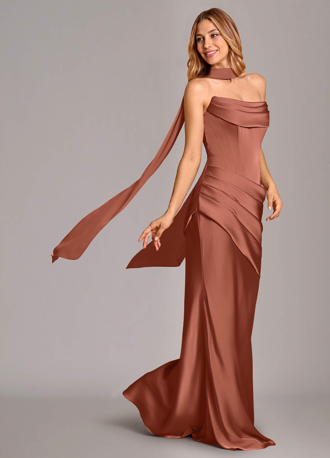 Azazie Pelagia Brudtärnklänningar Klä av Sjöjungfru i Stretch Satin Korsett Kastanjebrunt Konvertibel image1