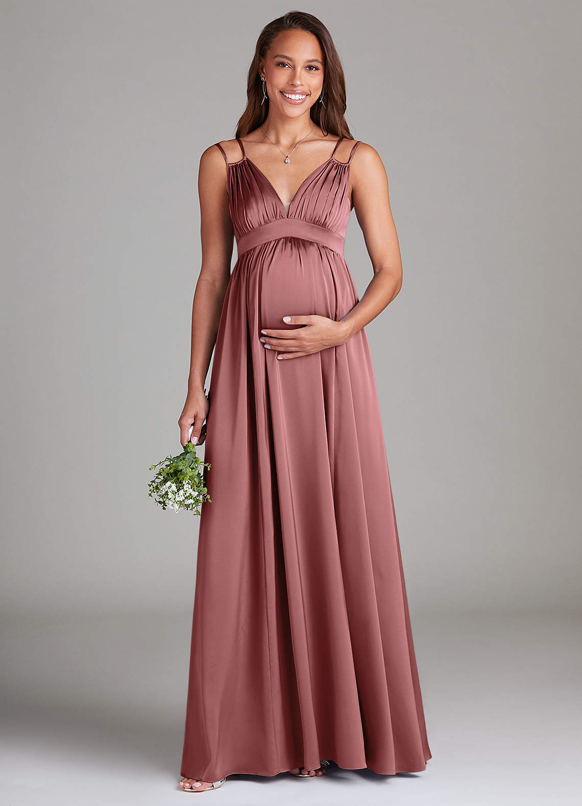 Azazie Emree Maternity Bridesmaid Dresses A-Line Stretch Satin Floor-Length Dress with Pockets image1