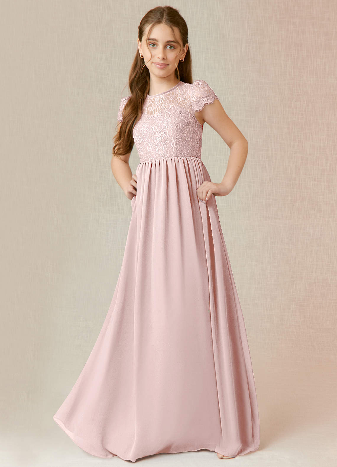 Azazie Delevingne Junior Vestido de Rosa Rubor de Gasa de Corte En A con Encaje image1