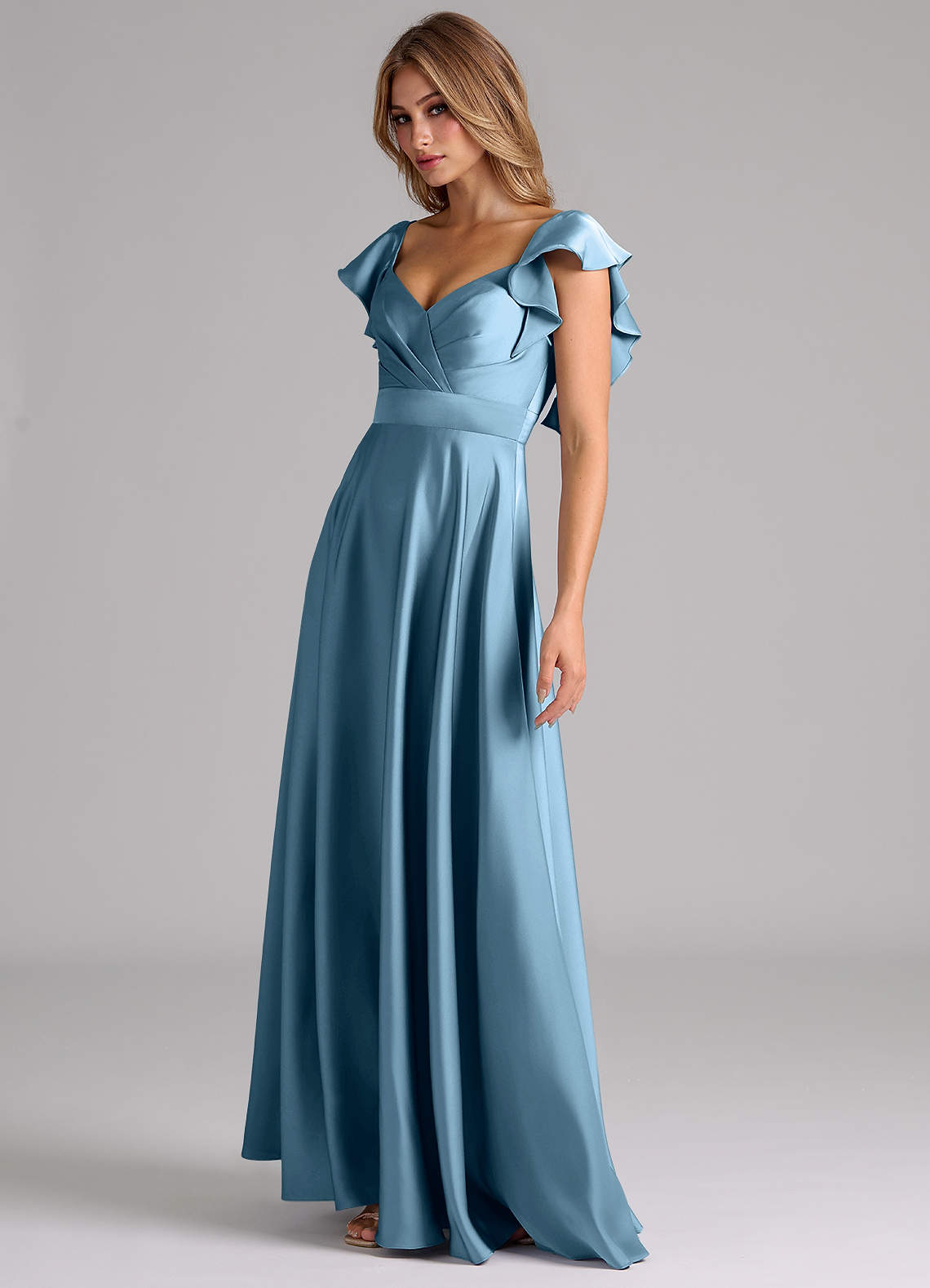 Azazie Leilani Abiti da Damigella Abito A-Line in Raso Elasticizzato Increspato Blu Acciaio image7