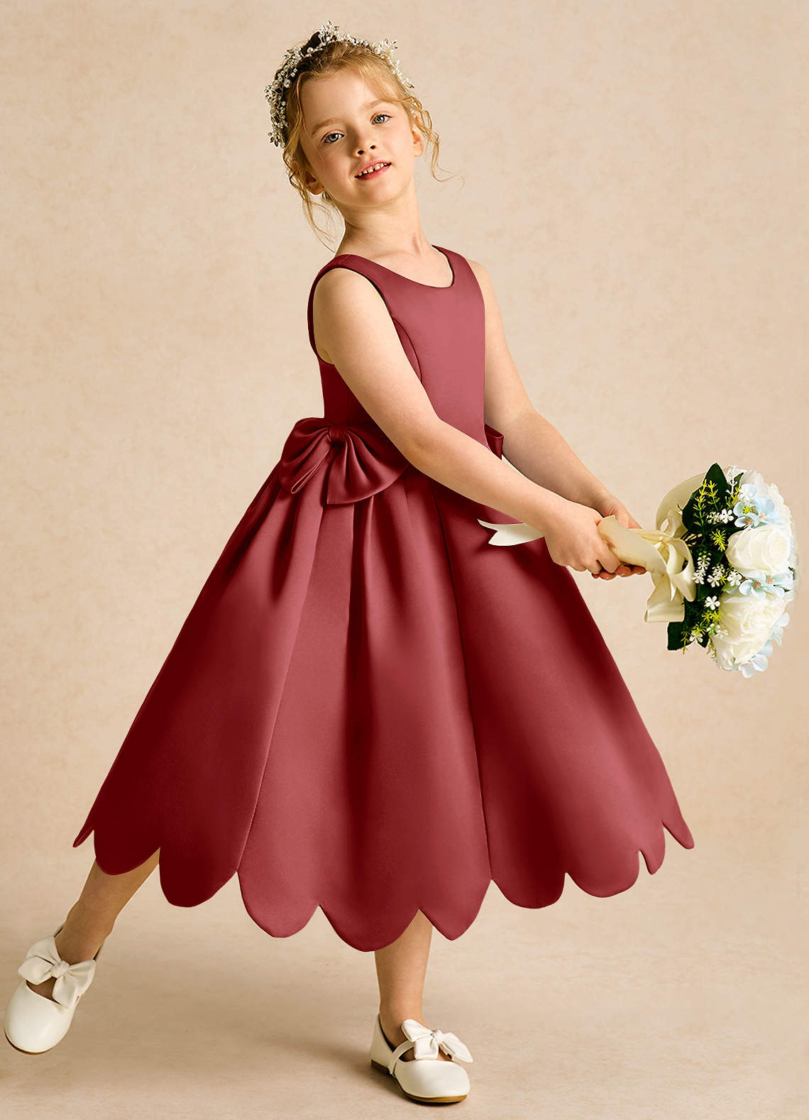 Azazie Macaroon Flower Girl Dresses Rust Ball-Gown Bow Matte Satin Dress image1