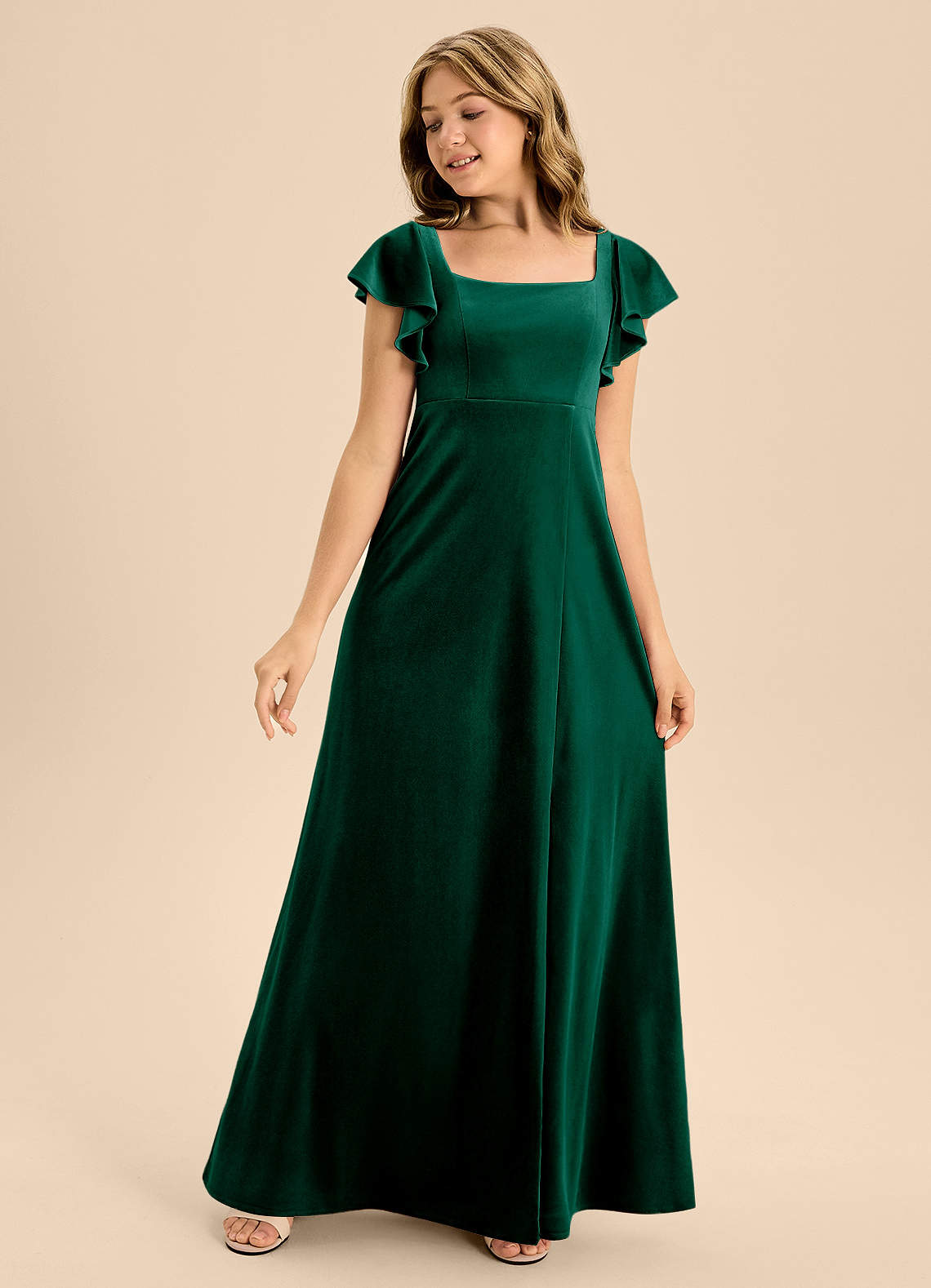 Azazie Bondi Junior Emerald A-Line Bow Velvet Dress image2