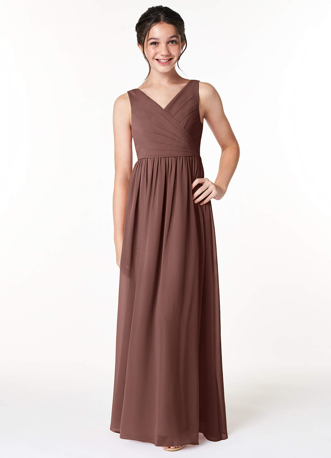 Azazie Sawyer Junior Espresso A-Line Pleated Chiffon Dress image1