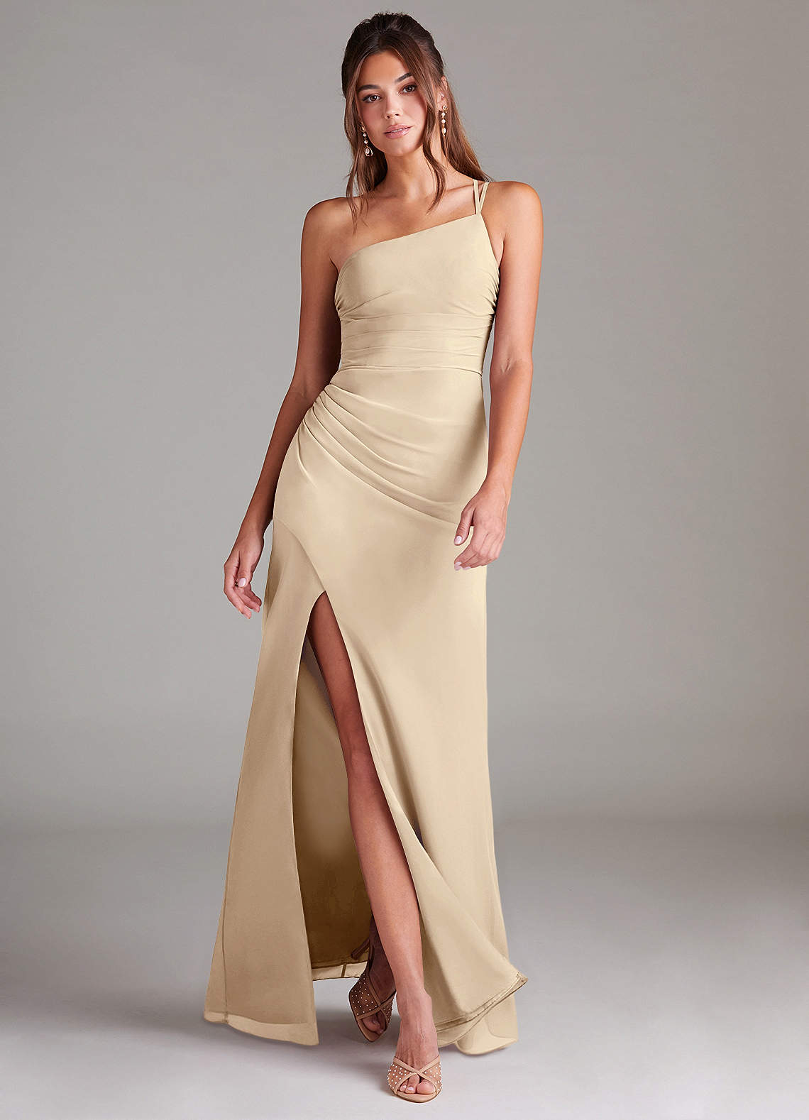 Azazie Sheath One-Shoulder Floor-Length Chiffon Bridesmaid Dresses - Champagne