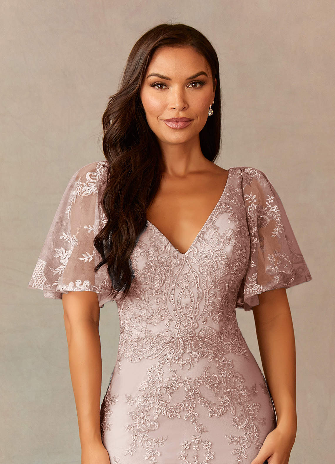 Dusty Rose Upstudio Joliet Dusty Rose Mermaid V Neck Lace Dress Azazie