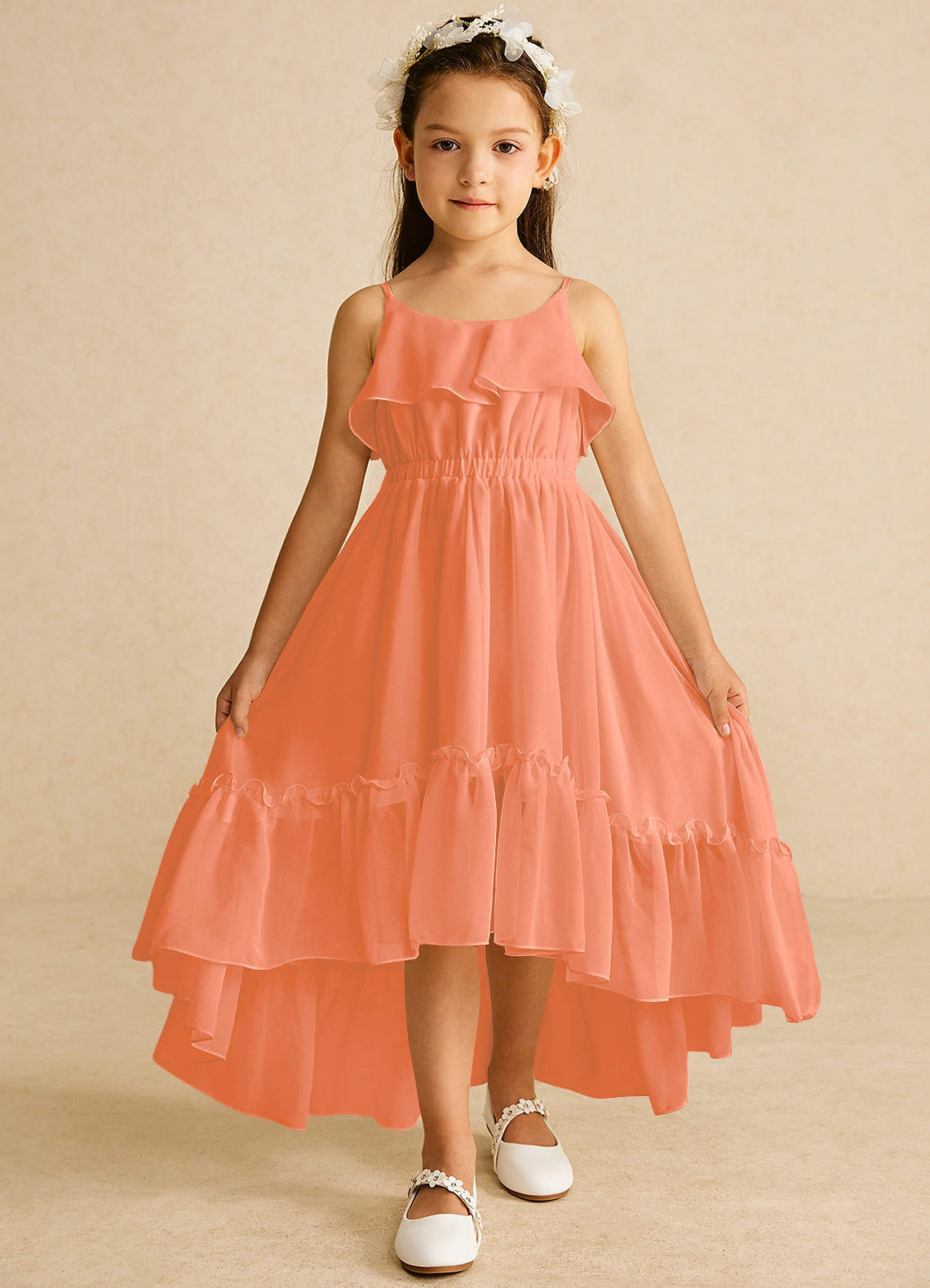 Azazie Karmen Abiti da Ragazza di Fiori Abito A-Line in Chiffon Increspato Tramonto image1